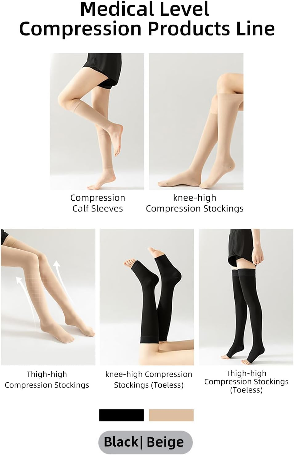 Medical Compression Socks Stockings 20-30 Mmhg Geman Tech Support Hose for Women (Black/Beige, Open Toe) image number 3