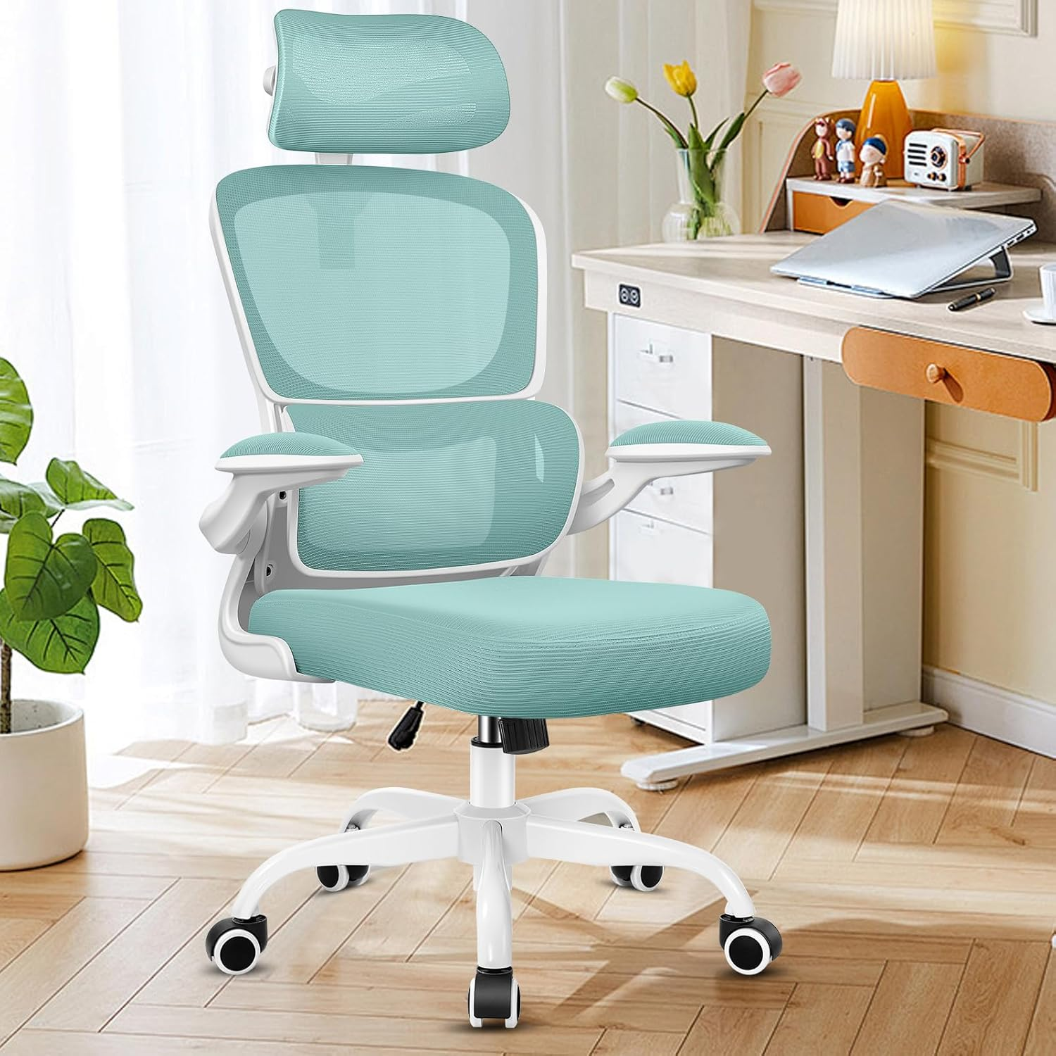 Razzor Ergonomic Office Chair, High Back Mesh Desk Chair with Lumbar Support and Adjustable Headrest, Computer Gaming Chair, Executive Swivel Chair for Home Office, Rz2202H-Mint Green image number 2
