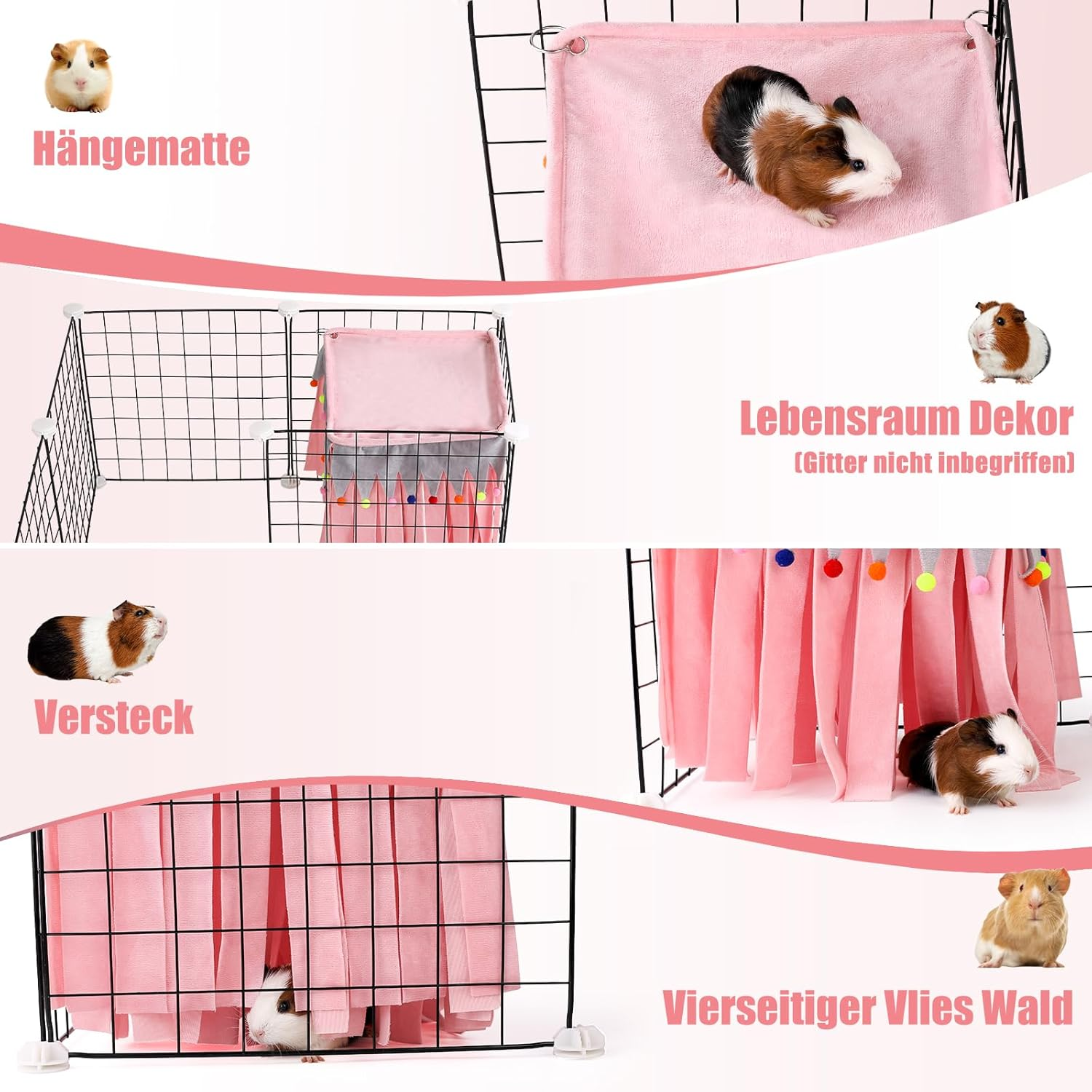 ONEJU Guinea Pig Hideout, Hideout for Guinea Pig, Guinea Pig Hideouts, Four-Sided Guinea Pig Hideouts for Guinea Pig, Bunny, Hamster, Chinchilla, Rabbit without Metal Fences - Pink image number 5