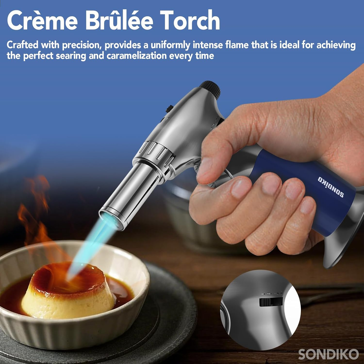 Sondiko Triple Flame Adjustable Mini Butane Torch Lighter - Refillable with Continuous Flame Lock for Creme Brulee, Cooking (Butane Not Included) image number 4