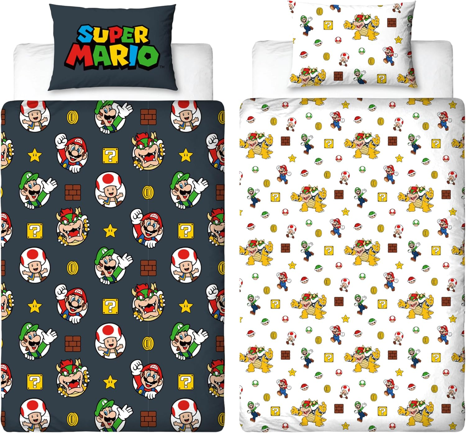 Nintendo Super Mario Official Single Duvet Cover Set with Mario, Luigi and Bowser Design | Black Reversible 2 Sided Bedding Cover Official Merchandise Including Matching Pillow Case