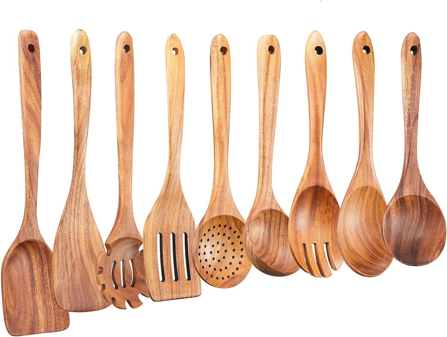 Wooden Kitchen Utensils Set,Gudamaye 9 PCE Natural Teak Wooden Spoons for Non-Stick Pan for Cooking, image number 6