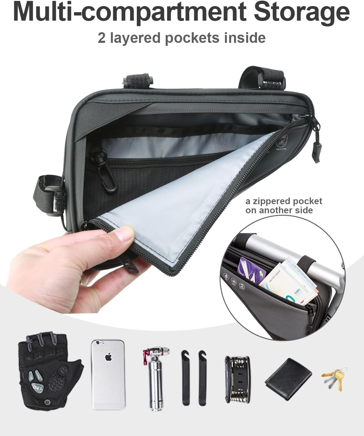 Danuosie Bike Frame Bag, Water-Resistant Bike Triangle Bag, Bicycle Tube Storage Pouch, Cycling Accessories Pack for Phone, Wallet, Keys, Tools, Use for Mountain Road Bike Trip Commute Bicycle Bike image number 1