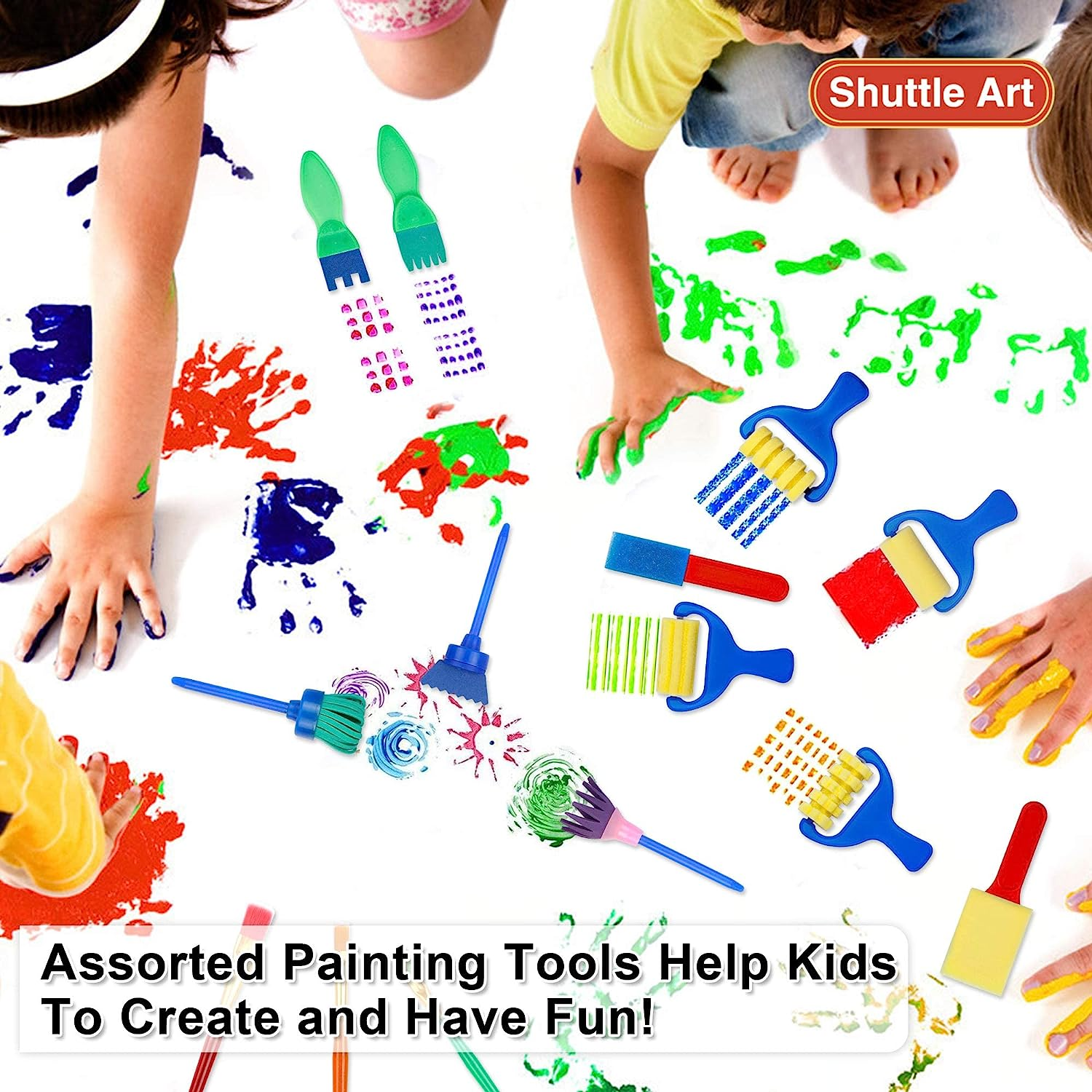 Shuttle Art Washable Finger Paint Set, 14 Colours Kids Paint Set with Brushes, Finger Paint Pad, Sponge, Palette, Smock, Nontoxic for Toddlers Home Activity Early Education image number 5