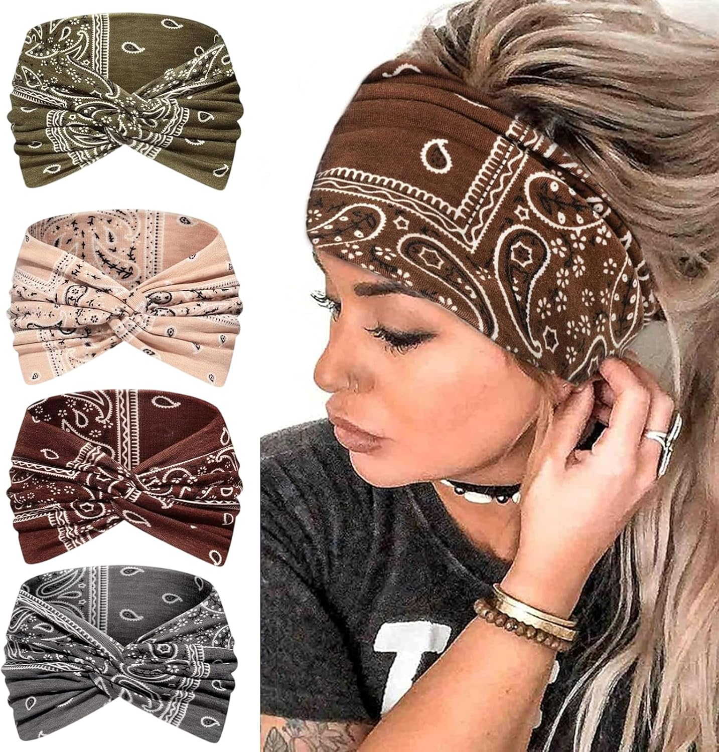 Pack of 4 Women'S Summer Headscarves - 7 Inch Extra Wide Hair Bands Thin Hair Band Women'S Elastic Headscarf Soft Boho Multicoloured Headband for Yoga, Cosmetics, Sports & Hair Accessories Summer image number 6