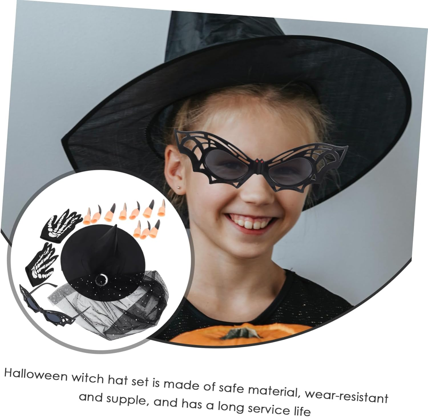 Amosfun Halloween Costume for Adults and Boys and Girls Including Witch Hat Gloves and Glasses Props for Cosplay Party and Trick-Treating image number 4