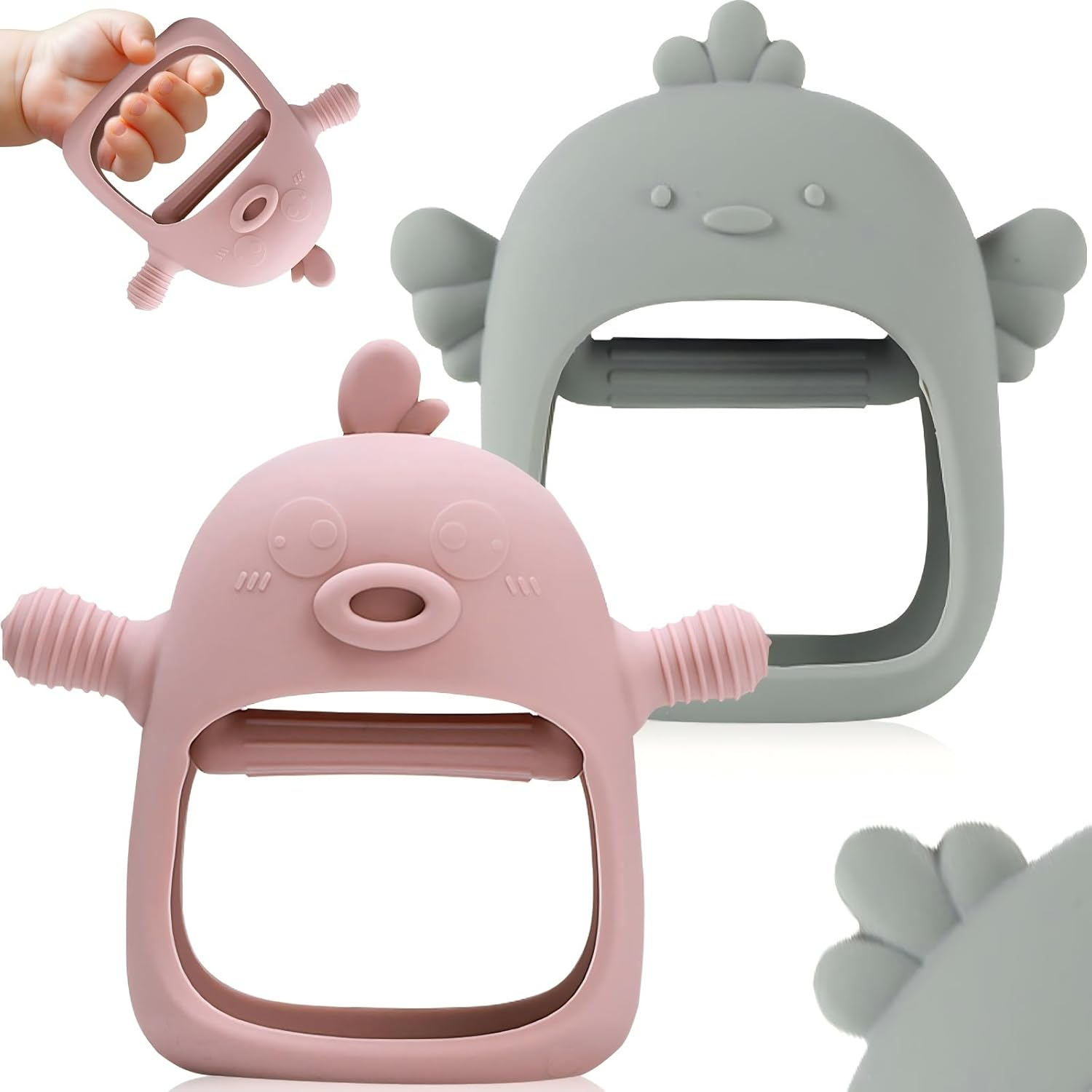 2 Pack Baby Teething Toy for 6-24 Months, Food Grade Silicone Unicorn Teething Mitten, BPA Free, Baby Chew Toys for Sucking Needs, Soothing Teething Pain Relief (Unicorn Beige & Gray Blue)