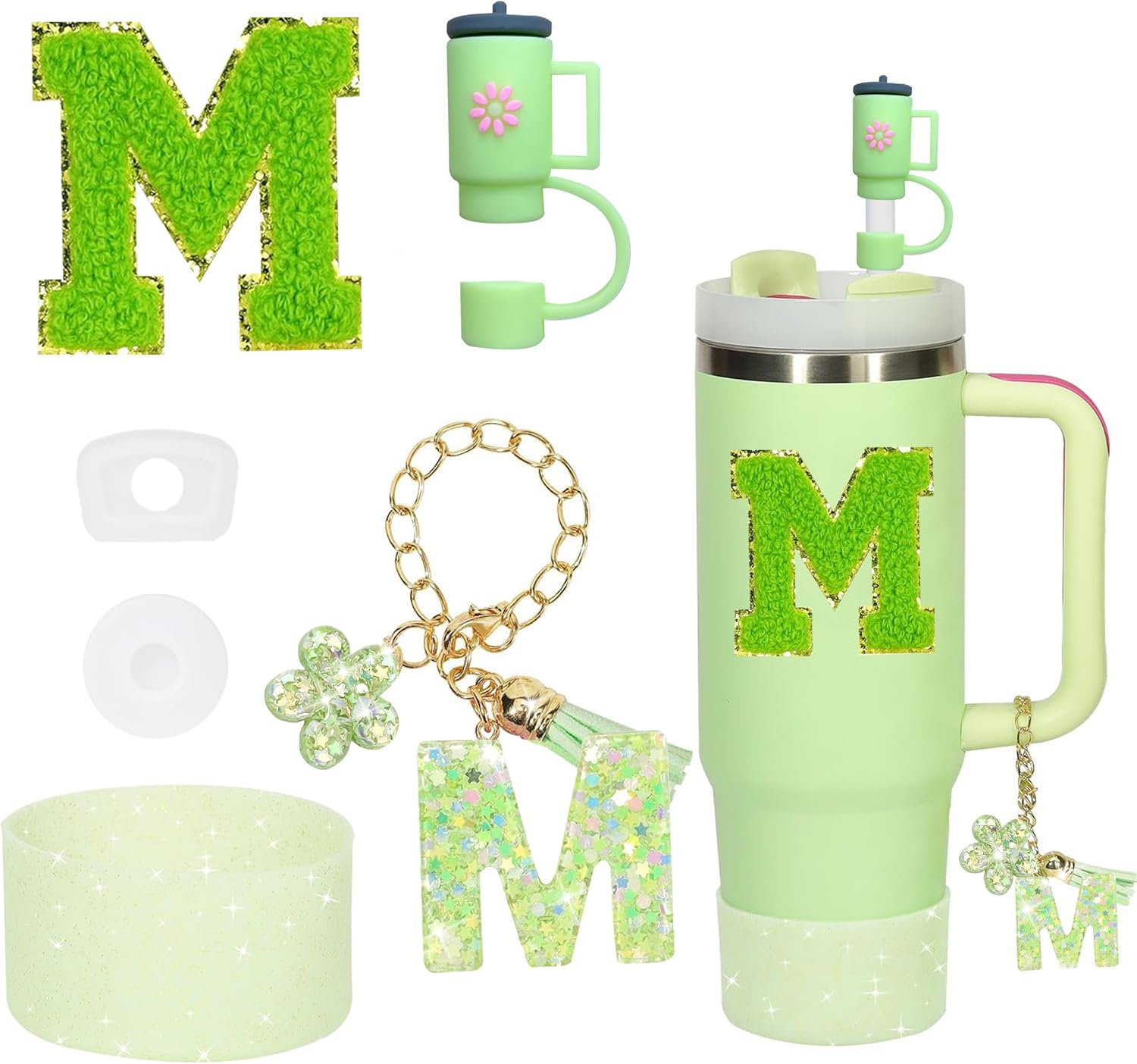 6PCS Cup Accessories Set for Stanley Cup 30Oz 40Oz Tumbler with Handle, Including Silicone Straw Topper Cover Cap and Boot, Spill Proof Stopper, Handle Charm, Initials Sticker(Green S) image number 2