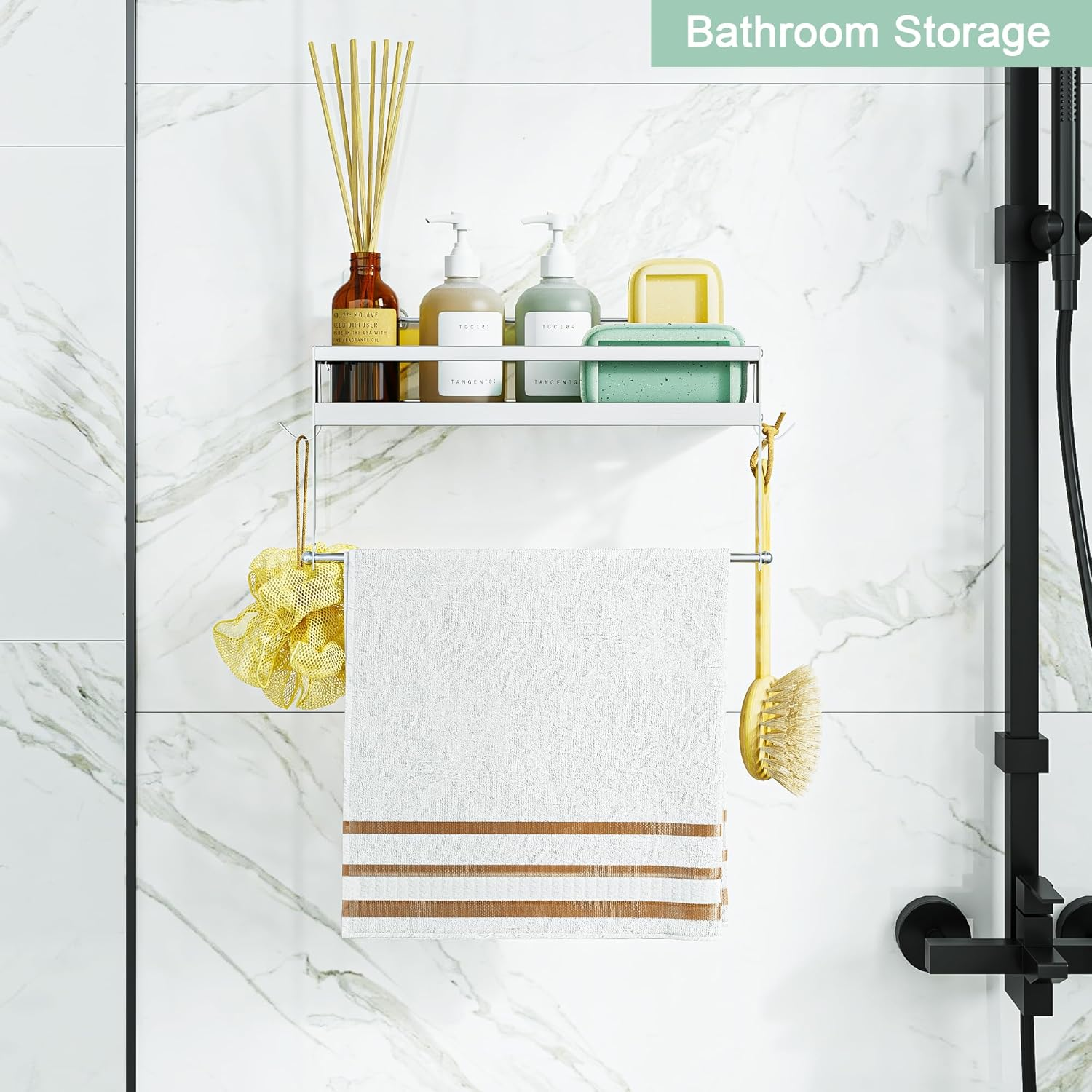 ESOW Paper Towel Holder with Shelf Storage, 2-In-1 Wall Mounted Paper Towel Roll Rack Basket for Kitchen, Balcony & Bathroom, Self-Adhesive or Drilling Installation, SUS304 Brushed Nickel Finish