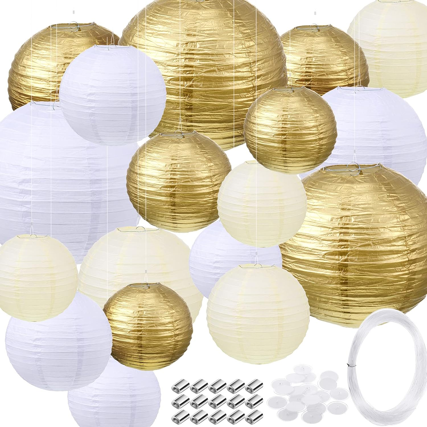 79 Pieces round Chinese Paper Lantern Set, Decorative Assorted Sizes Lanterns with 20 Meter Clear Nylon Thread Crimping Loop Sleeve and Adhesive Ceiling Hook for Wedding, Party, Event