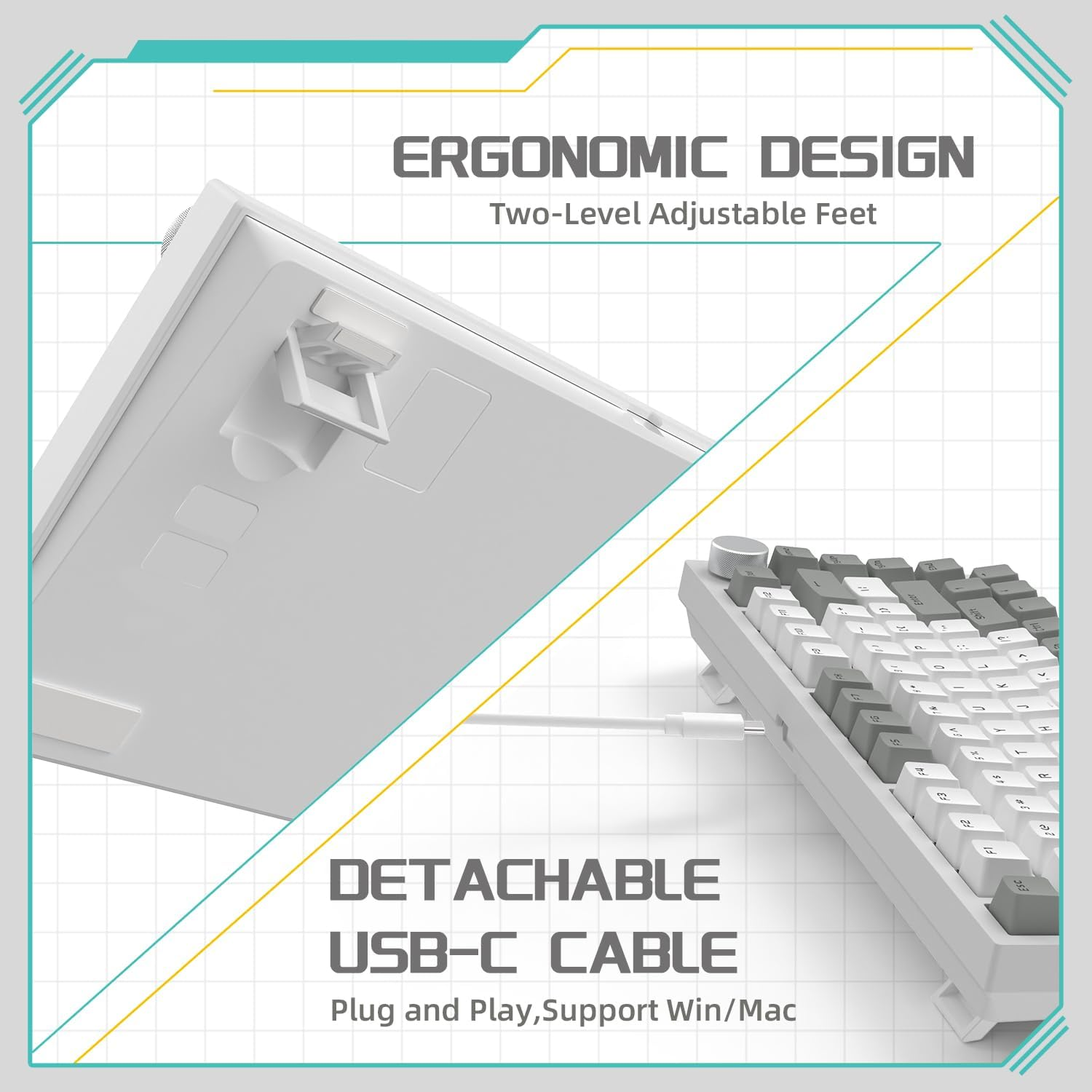 YINDIAO AK820 Mechanical Keyboard with CNC Knob Control,75% ANSI Layout,82Keys Gasket Mount Wired Gaming Keyboard,5 Sound Absorbing Foam,Hot-Swappable,White Backlit,For PC,MAC (Grey&White) image number 1