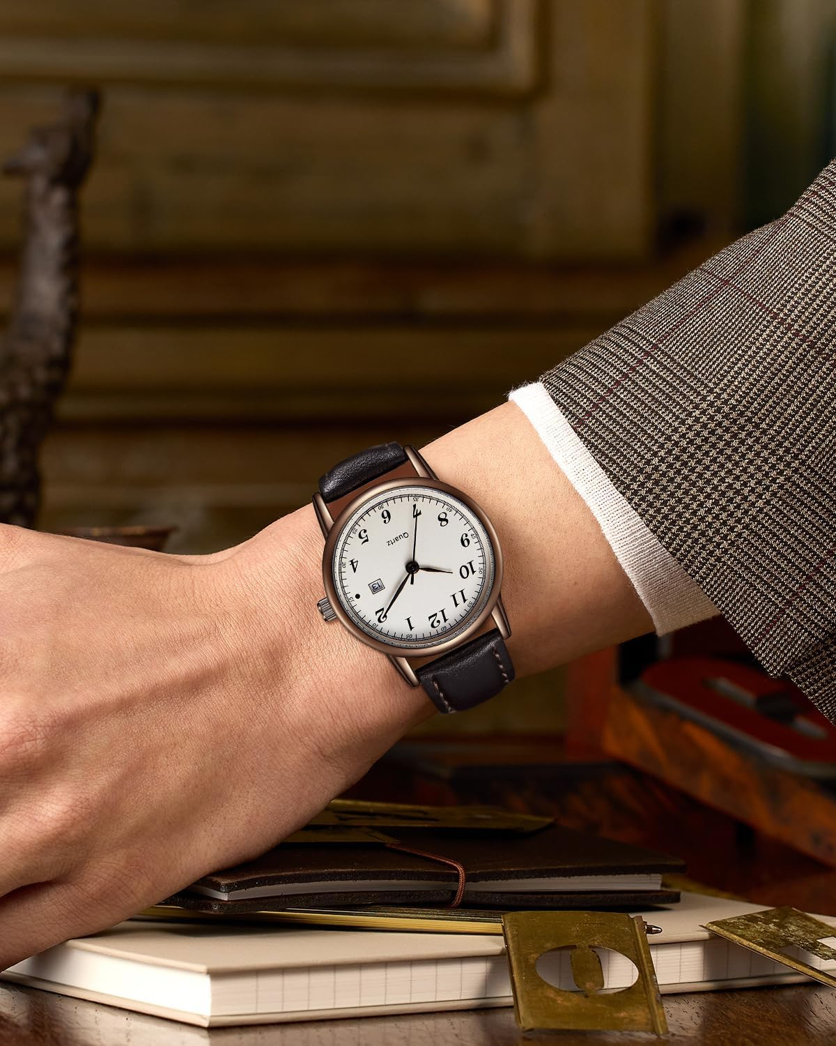 CIVO Watches for Men Military Leather: Waterproof Analog Quartz Minimalist Face - Sport Casual Date Wrist Watch - A Brown image number 3