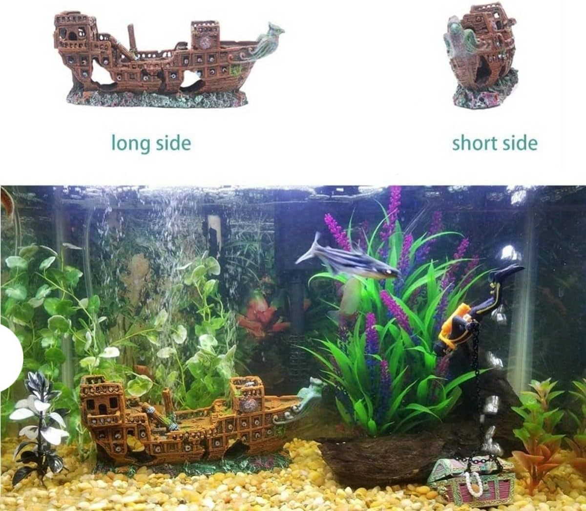 AIMALL Resin Pirate Ship Aquarium Decoration 9.44X3.74X2.55In Sunken Wreck Ornament for Fish Tank Aquascaping Underwater Scene Hideout Decor image number 4