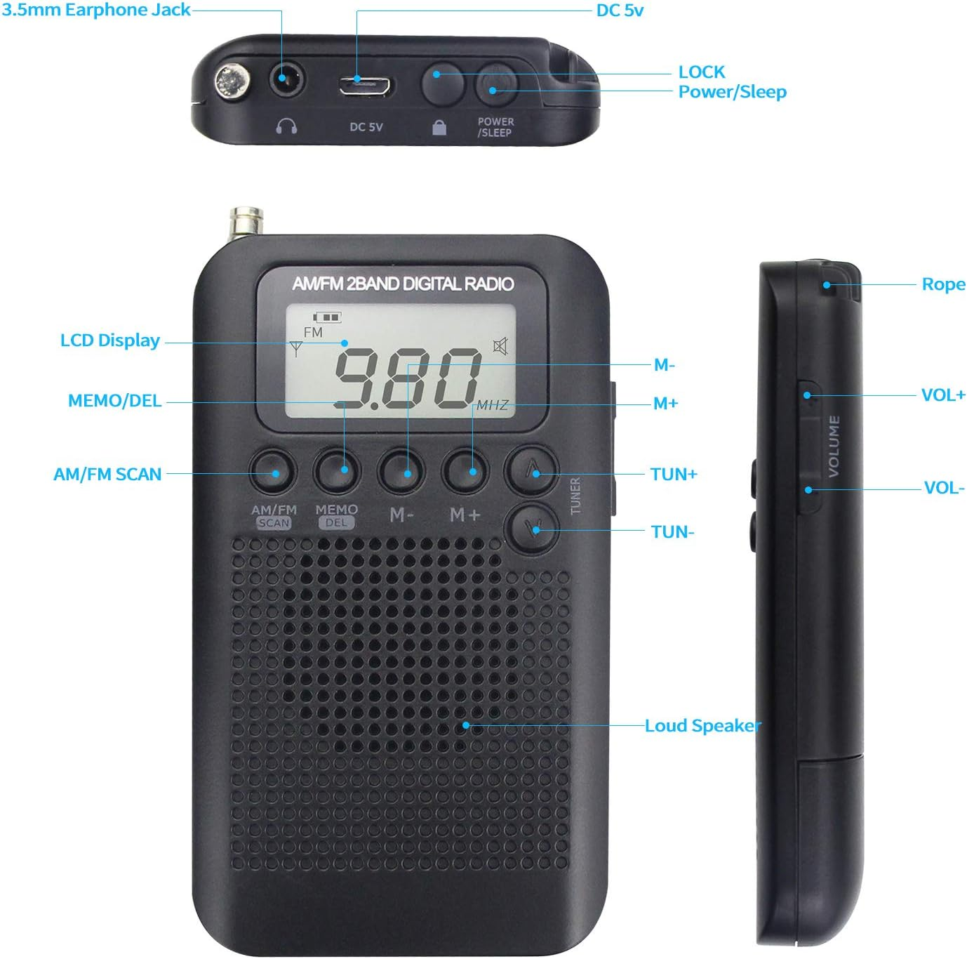 Pocket Portable AM FM Radio Mini Radio Digital Tuning Stereo Personal Radio with Earphone, Alarm Clock and Timer for Walking Running Jogging (Black) - Black image number 1
