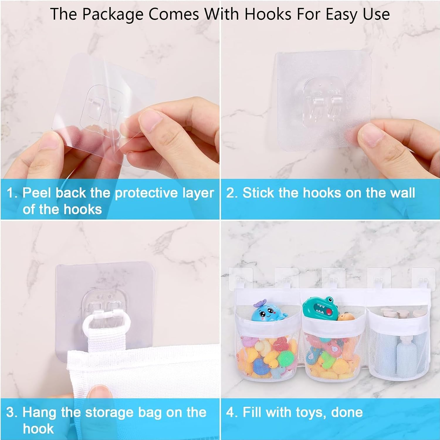 Toy Storage Bags, Hanging Bath Toy Storage Basket, Bath Toy Mesh Bag Bathtub Toy Bag with 5 Ultra Strong Hooks, Bath Toy Holder for Storage and Sorting of Baby Bath Toys (60X25Cm)