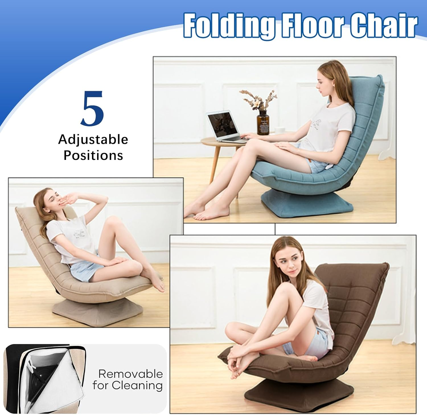 LIODUX Swivel Floor Chair, 5-Position Adjustable Folding Lazy Sofa Lounger Bed, Folding Floor Chair with Adjustable Backrest, for Home & Living Room, Chaise Lounge for Teens Adults (Coffee) - Coffee image number 3