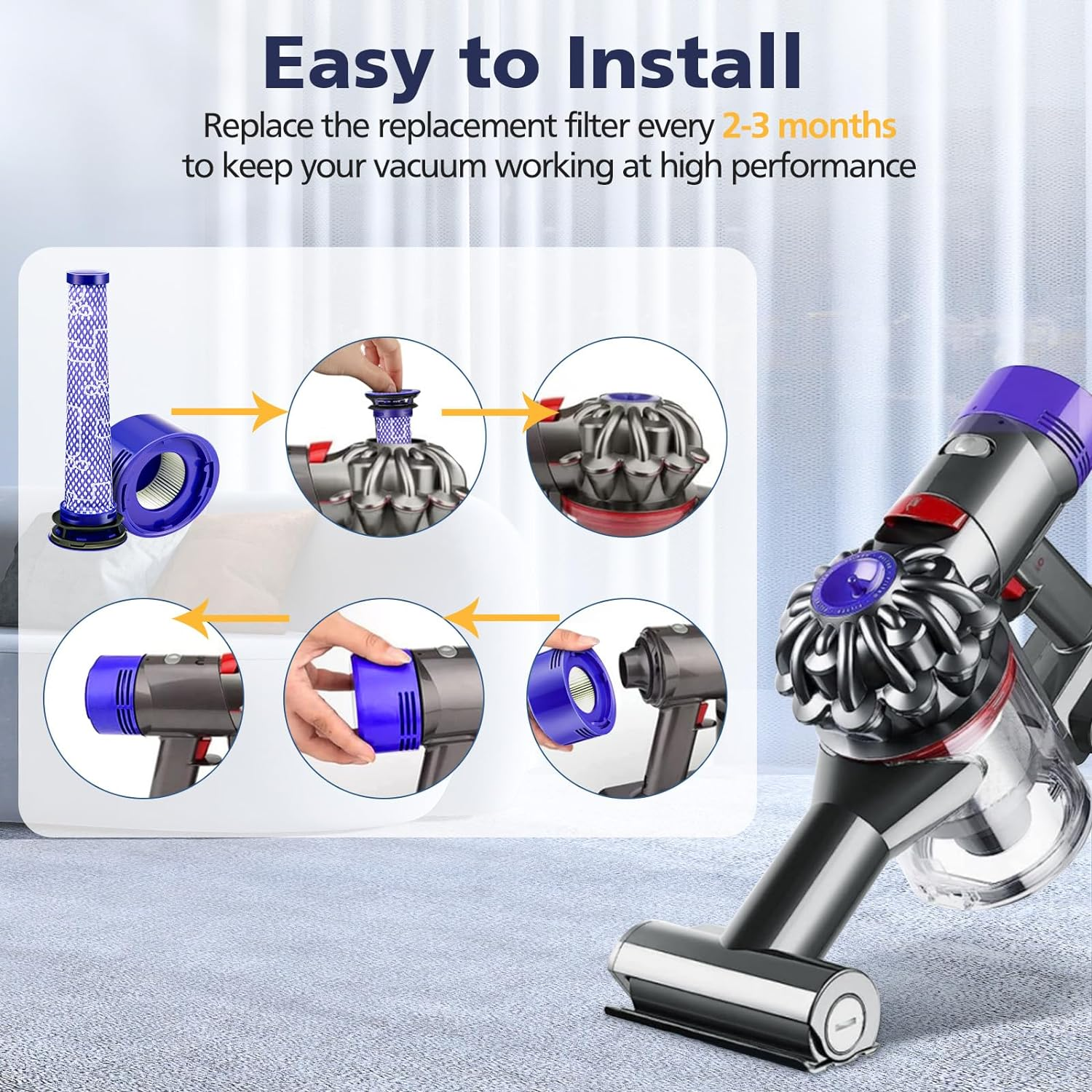 4 Pack Vacuum Filter Replacement Kit Compatible with Dyson V7, V8 Animal and V8 Absolute Cordless Vacuum, 2 Post Filters, 2 Pre Filters, Replaces Part # 965661-01 & 967478-01 image number 5