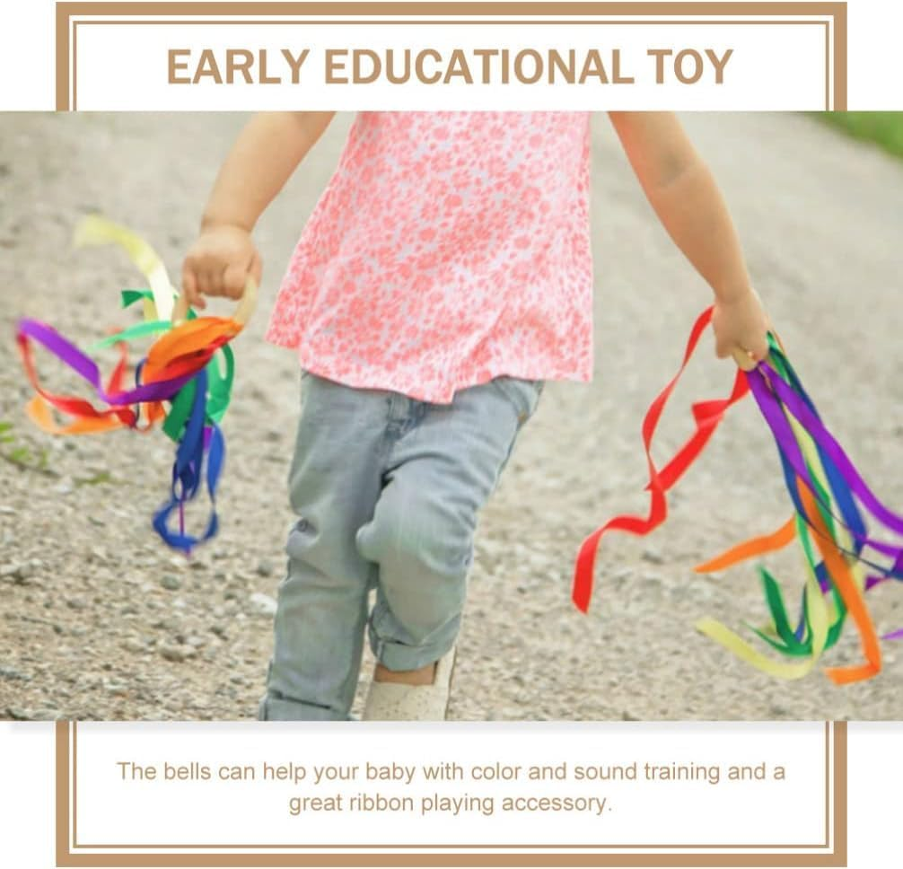 Wabmipe 2Pcs Bell Bracelet Rainbow Hand Ribbon Kite Toys, Ribbon Dancer Wand, Hand Kite Ribbon Runner, Ribbon Streamers Toy, Colourful Newborn Wooden Outdoor Toys image number 4