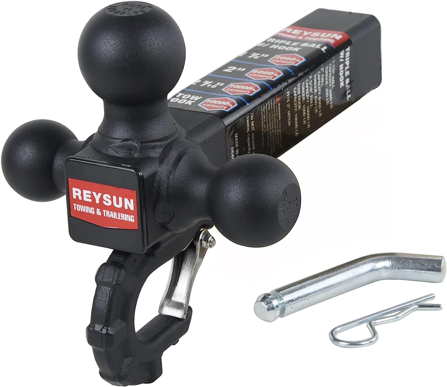REYSUN Trailer Hitch Tri Ball Mount with Hook, Tactical Tow Hook, Fits 2 Inch Hitch Receiver, Secure with Self-Lock Latch, Matt Black image number 5