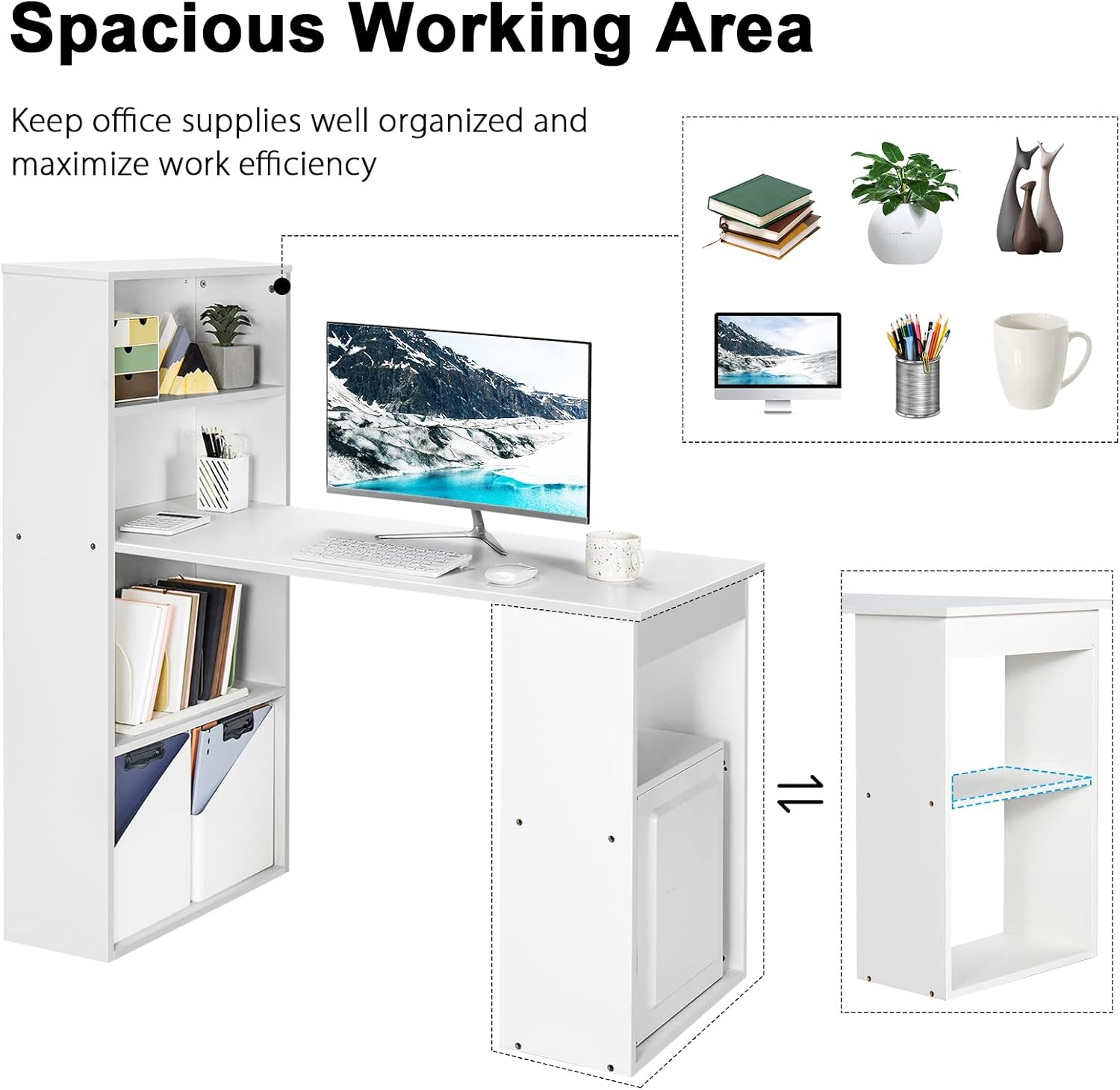 Giantex Reversible Computer Desk with Bookshelf, Writing Study Workstation W/Storage Shelves & CPU Stand, Modern Computer Table W/Large Desktop for Home & Office, Space-Saving Design (White) - Type 6 White image number 6