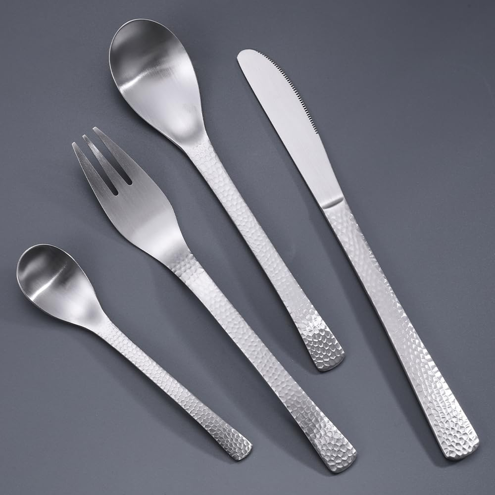 WOODVIR Matte Finish & Hammered Handles &ndash; Artisan-Crafted Silver Cutlery Set &ndash; Elevate Your Table with Modern Elegance image number 4
