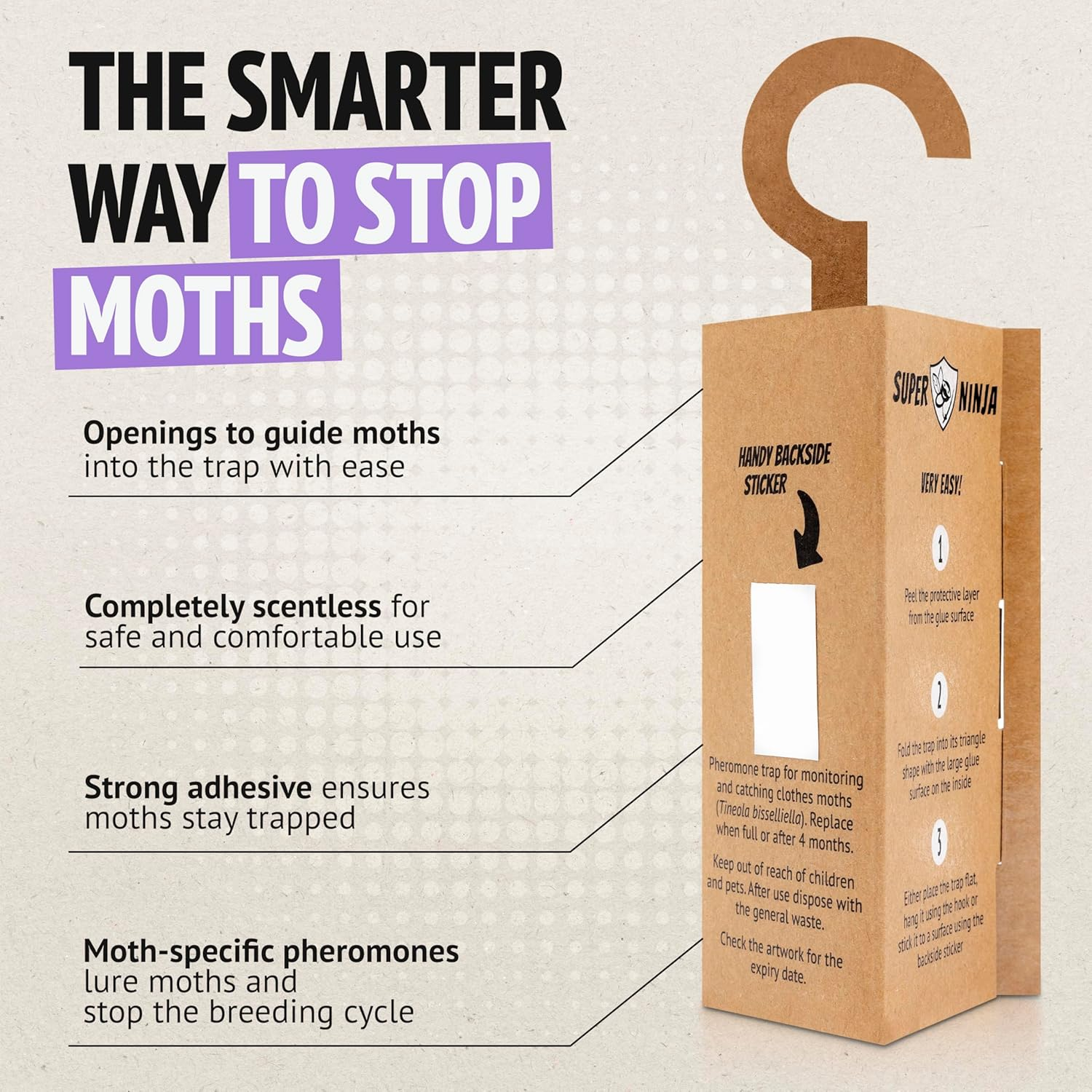 Super Ninja Clothes Moth Traps - 2 Pack, Non-Toxic Moth Repellent for Wardrobe, Highly Effective Pheromone-Infused Attractant, Ideal for Protecting Clothes, Carpets & Drawers, Last up to 3 Months image number 5