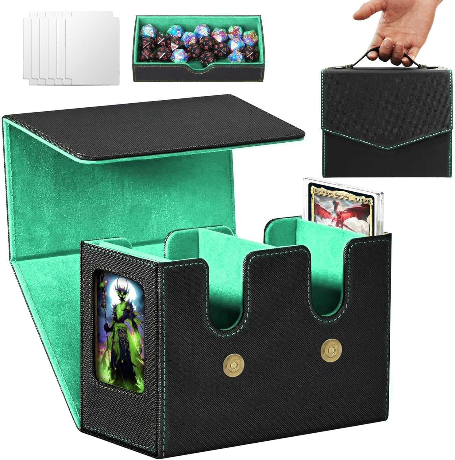 MTG Deck Box for Commander Handle Design, Trading Card Storage Box Organizer Holds 236+ Double-Sleeved Cards, Magnet Case with Dice Tray, 2 Card Holders, 4 Card Dividers for TCG (Green) image number 2