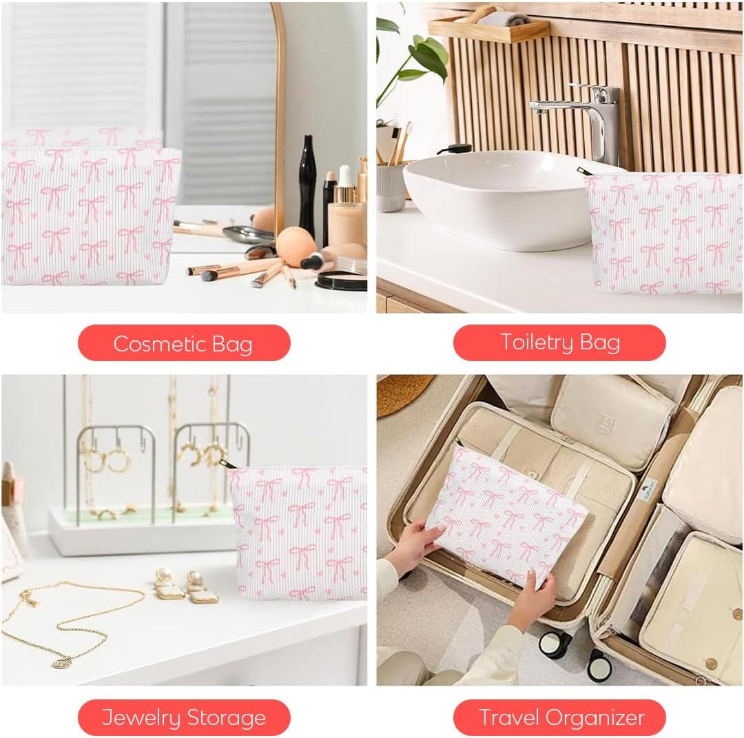 JYNVO Cosmetic Bag Small Bow Make up Bag Women Girls Makeup Bag Organiser for Travel Gift - Pink image number 5