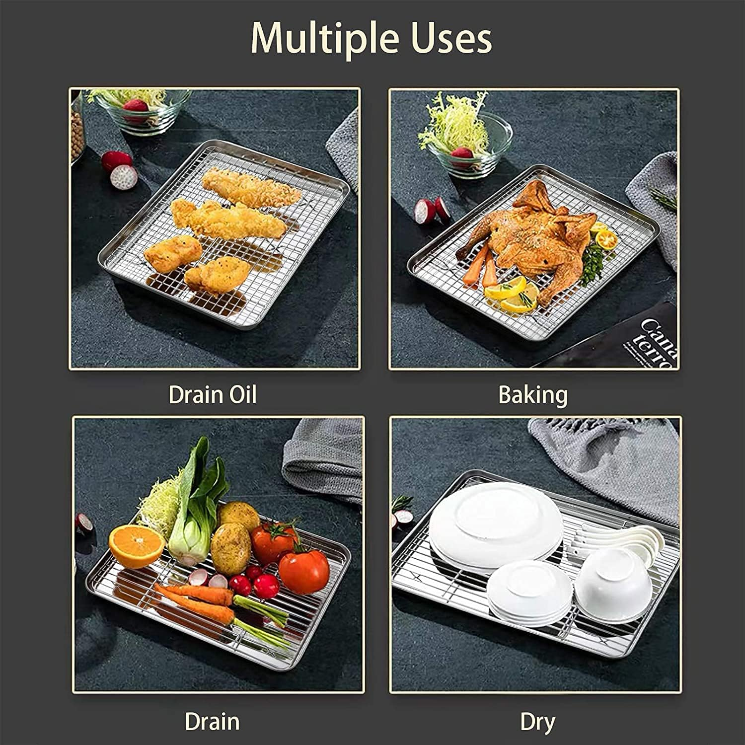 Qcfang Baking Sheet and Rack Set 15.7X11.8 Inch Stainless Steel Baking Pan Cookie Sheet with Cooling Rack Rectangle Toaster Oven Baking Pans Tray Sheet with Cooling Rack