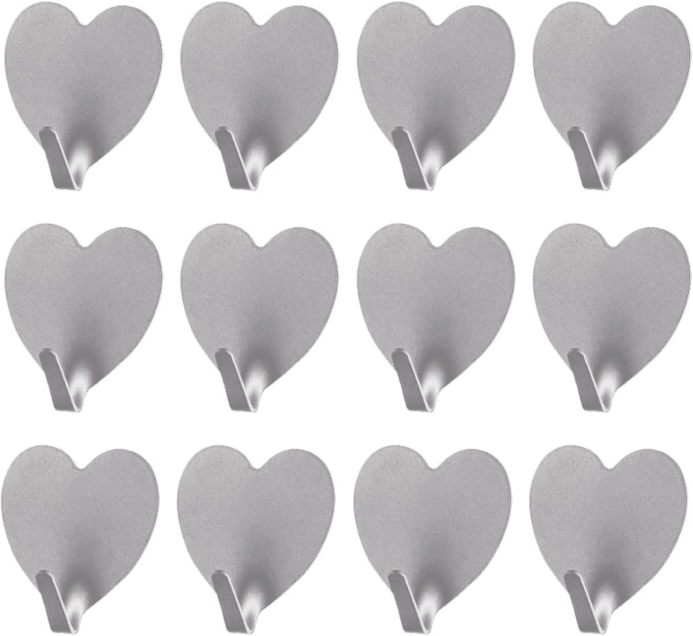 Heart Shaped Wall Hooks - 12 Pcs Stainless Steel Adhesive Hooks, Towel, Coat, Purse Hangers Strong Decorative Hangers for Room, Kitchen, Bath (Silvery) image number 4