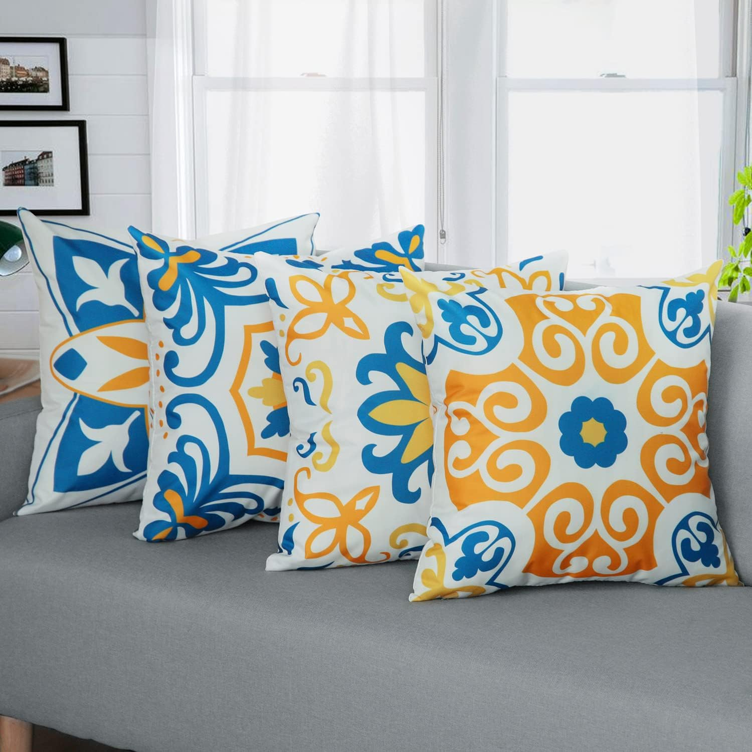 Outdoor Waterproof Throw Pillow Covers Set of 4 Floral Printed and Boho Farmhouse Outdoor Pillow Covers for Patio Funiture Garden 18X18 Inch Yellow image number 3