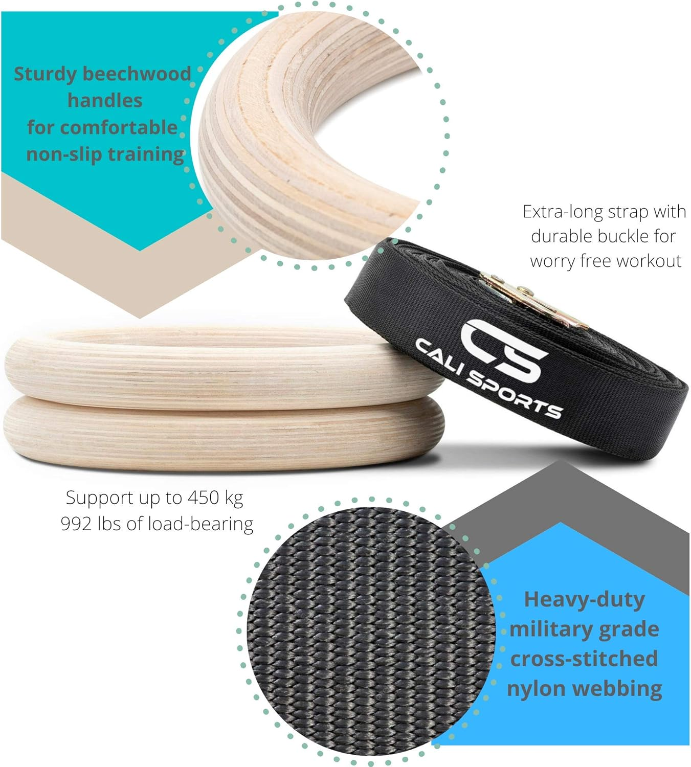 CALI SPORTS Wooden Gymnastic Rings, Calisthenics Equipment, Fitness Olympic Ring, Gymnastics Equipment for Home, Adults and Kids