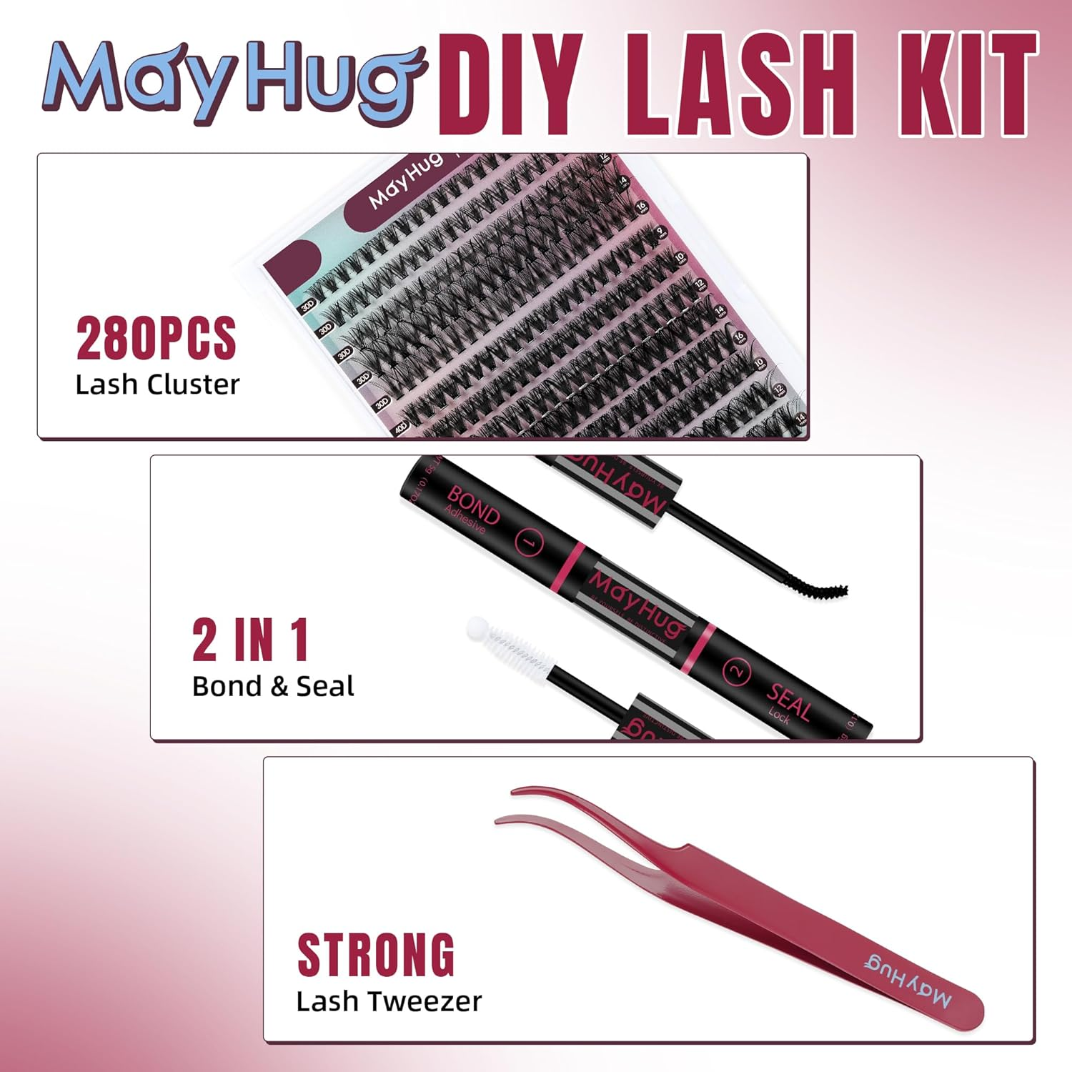 Mayhug Lash Clusters Kit 280Pcs Lash Extension Kit Individual Wispy Cluster Lashes Natural 9-16Mix DIY Eyelash Extension Kit D Curl Cluster Lashes at Home (30+40+50D Kit) image number 3