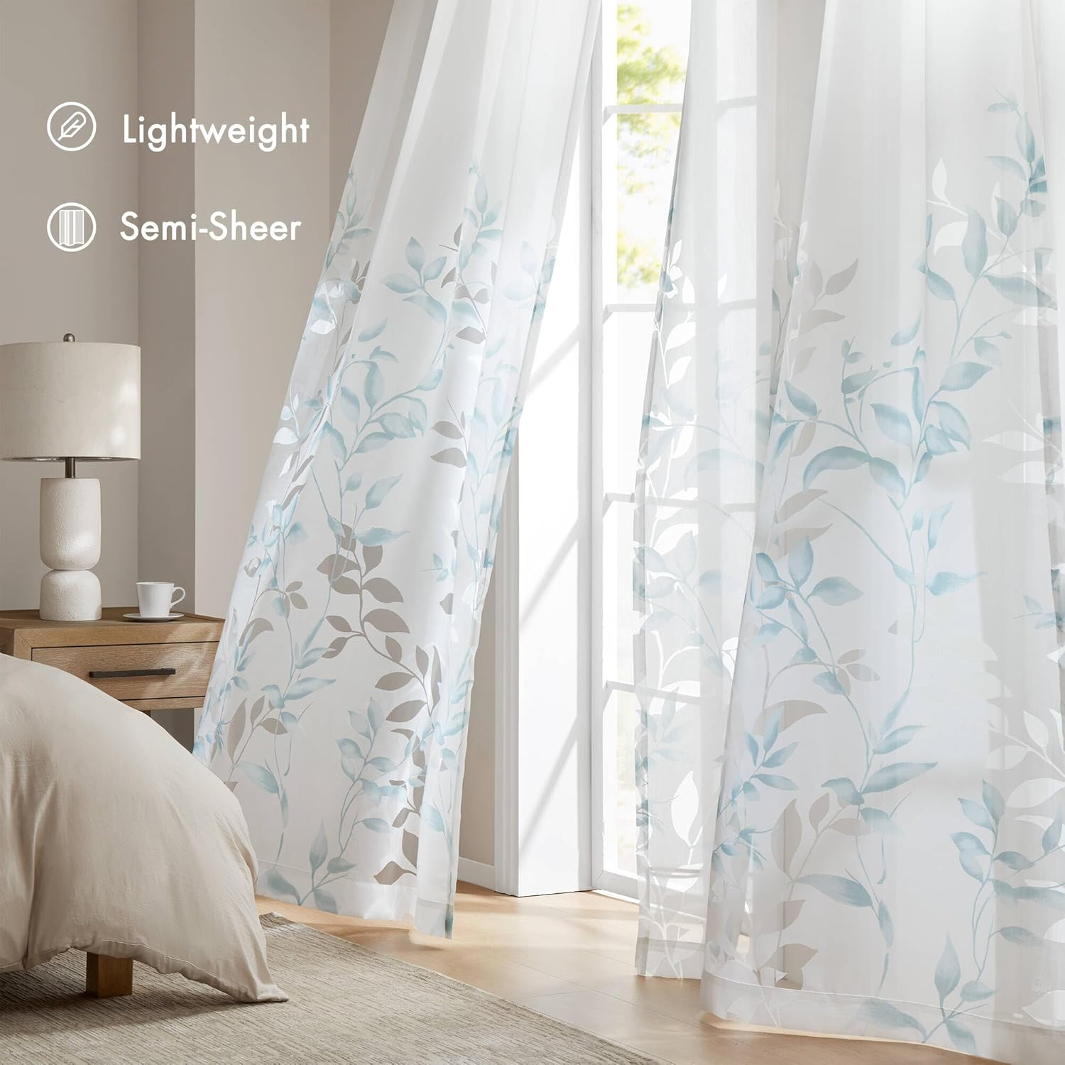 Madison Park Cecily Semi Sheer Single Panel Window Curtain Burnout Botanical Print, Easy to Hang, Fits up to 1.25" Diameter Rod, 50X84, Leaves Aqua image number 2