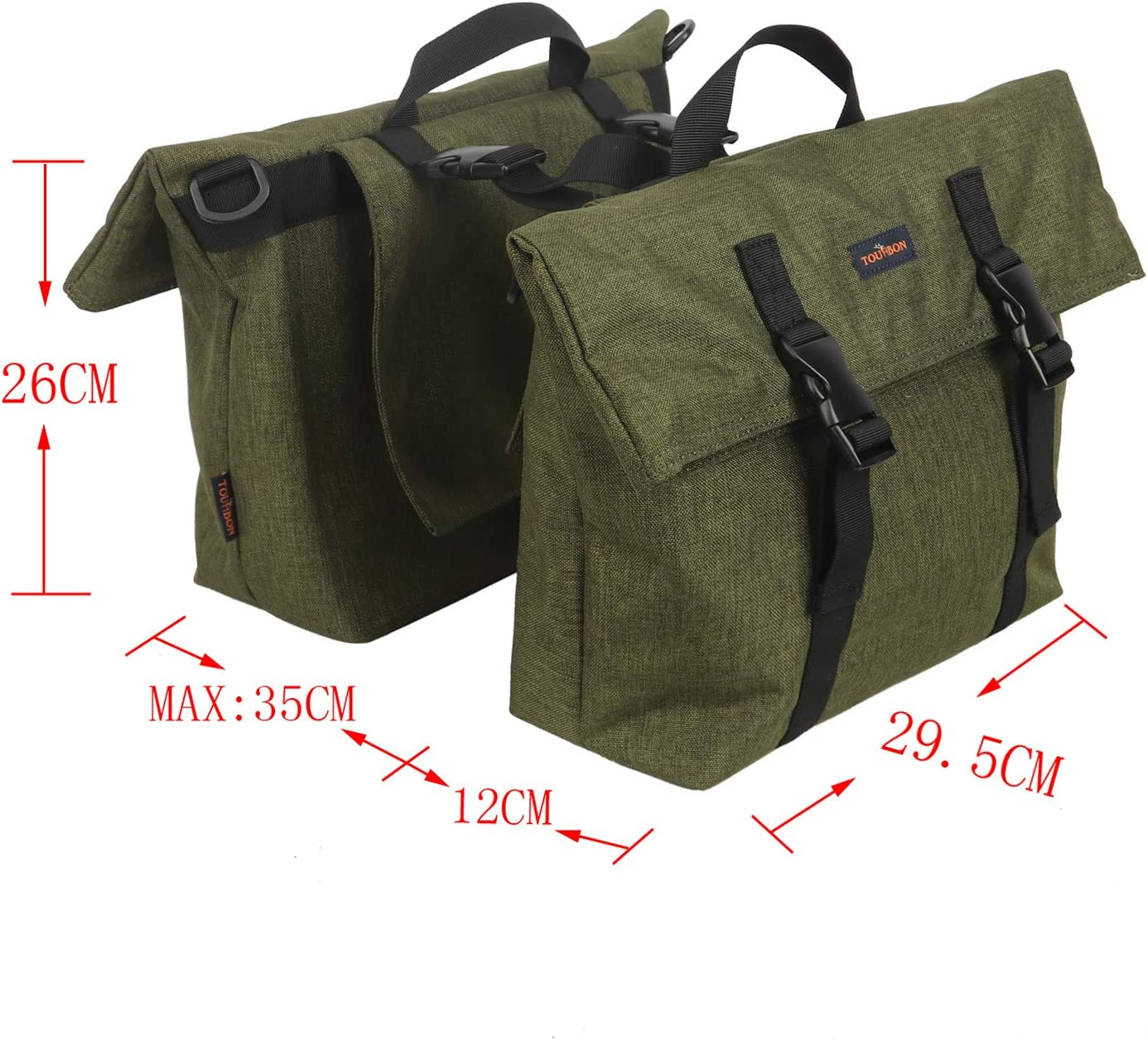 TOURBON Nylon Double Pannier Shoulder Bags Bicycle Rear Rack Trunk Motorcycle Tail Seat Bag (Dark Green) image number 1