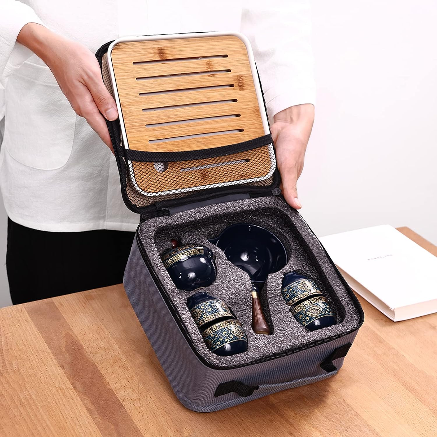 LURRIER Porcelain Chinese Gongfu Tea Set,Portable Teapot Set with 360 Rotation Tea Maker and Infuser,Portable All in One Gift Bag for Travel,Home,Gifting,Outdoor and Office(Blue) - Black image number 7