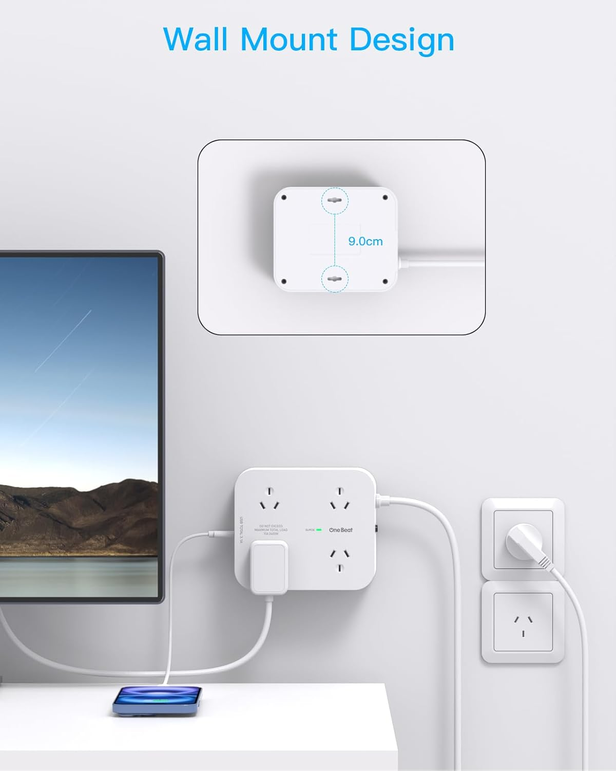 Power Board Surge Protected, 8 Outlets with 4 USB (2 USB C) Charging Ports, Multi Plug Outlet Extender,1.2M Extension Cord, Flat Plug Wall Mount Desk Charging Station for Home Office Dorm image number 1