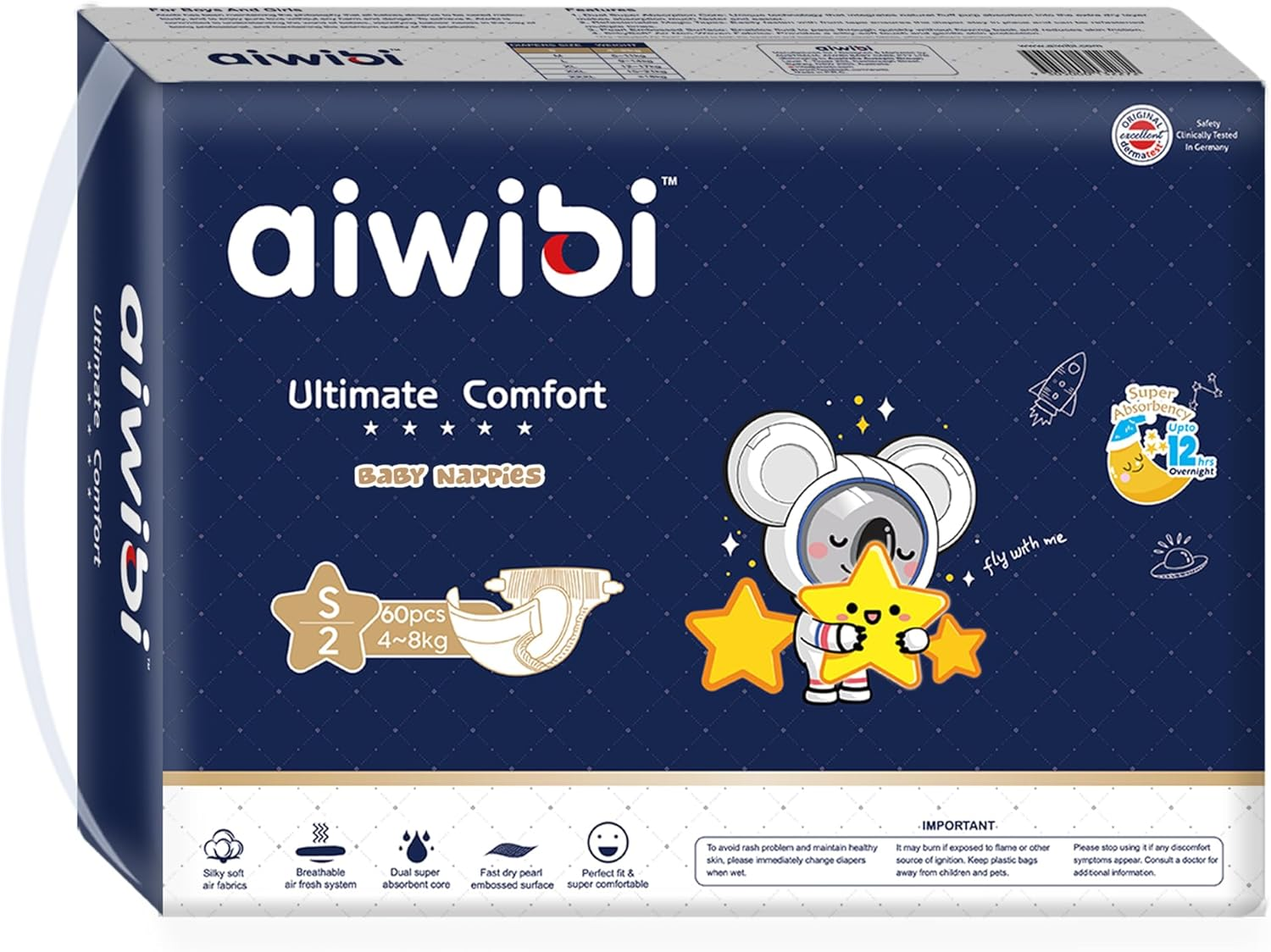 AIWIBI Ultimate Comfort Size 2 Overnight Nappies, Disposable Baby Nappy, (3-6 Kg) 60 Count, Super Absorbent Night Time Protection image number 5