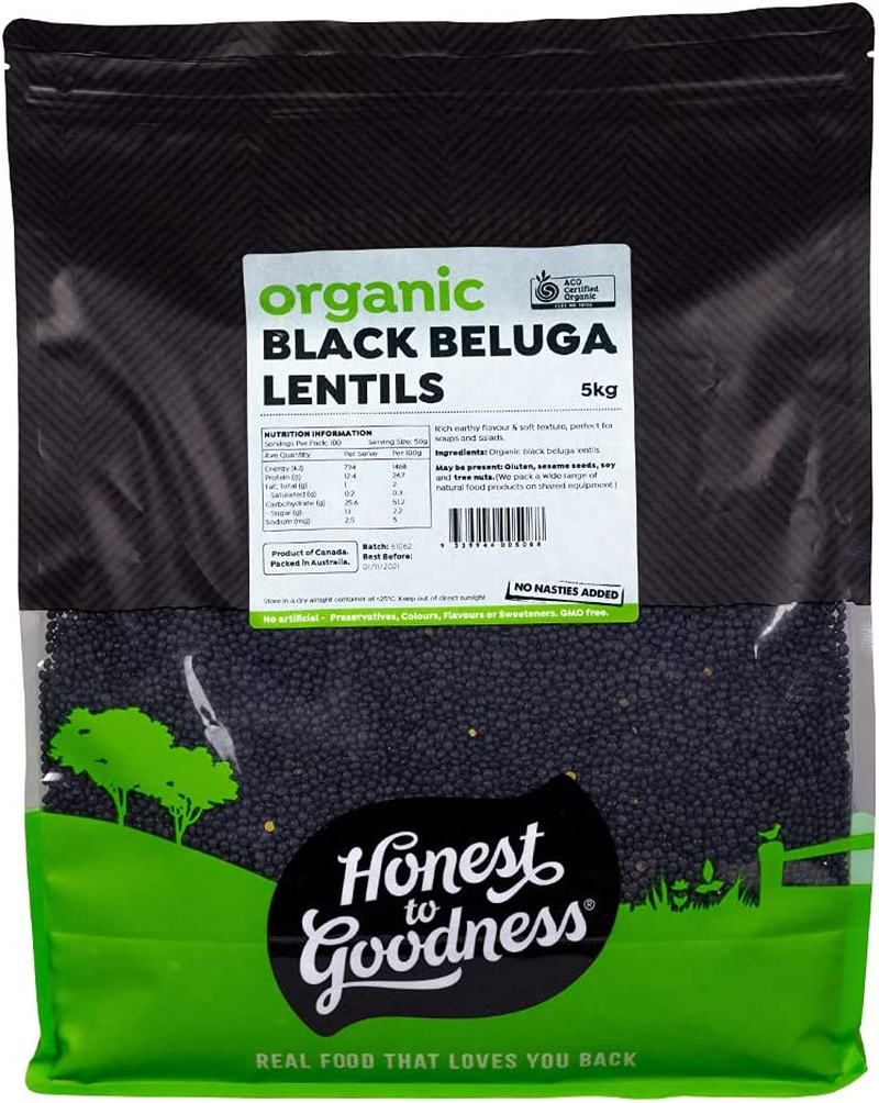 Honest to Goodness, Organic Black Beluga Lentils, 500 Grams - a Rich Earthy Flavour, Soft Texture and Quick to Cook. Good Source of Plant Based Protein.