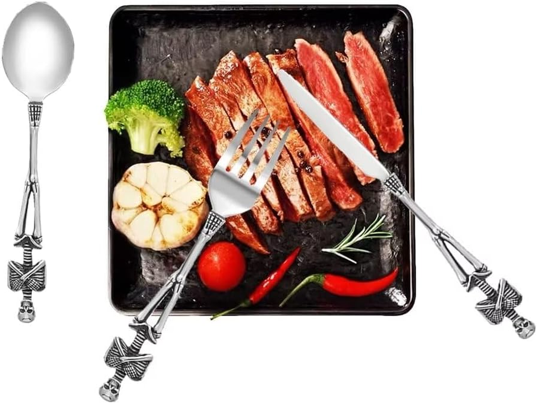 SENIURIS Skeleton Silverware Set, Personality Skull Stainless Steel Unique Design Spoon Fork for Halloween Easter and Christmas. (Skeleton with Knife) - Skeleton Set image number 6