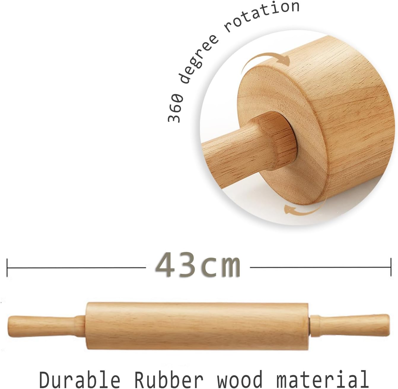 Classic Wooden Rolling Pin for Baking Non Stick, Ergonomic Design, 43 Cm Length, Brown for Baking Needs