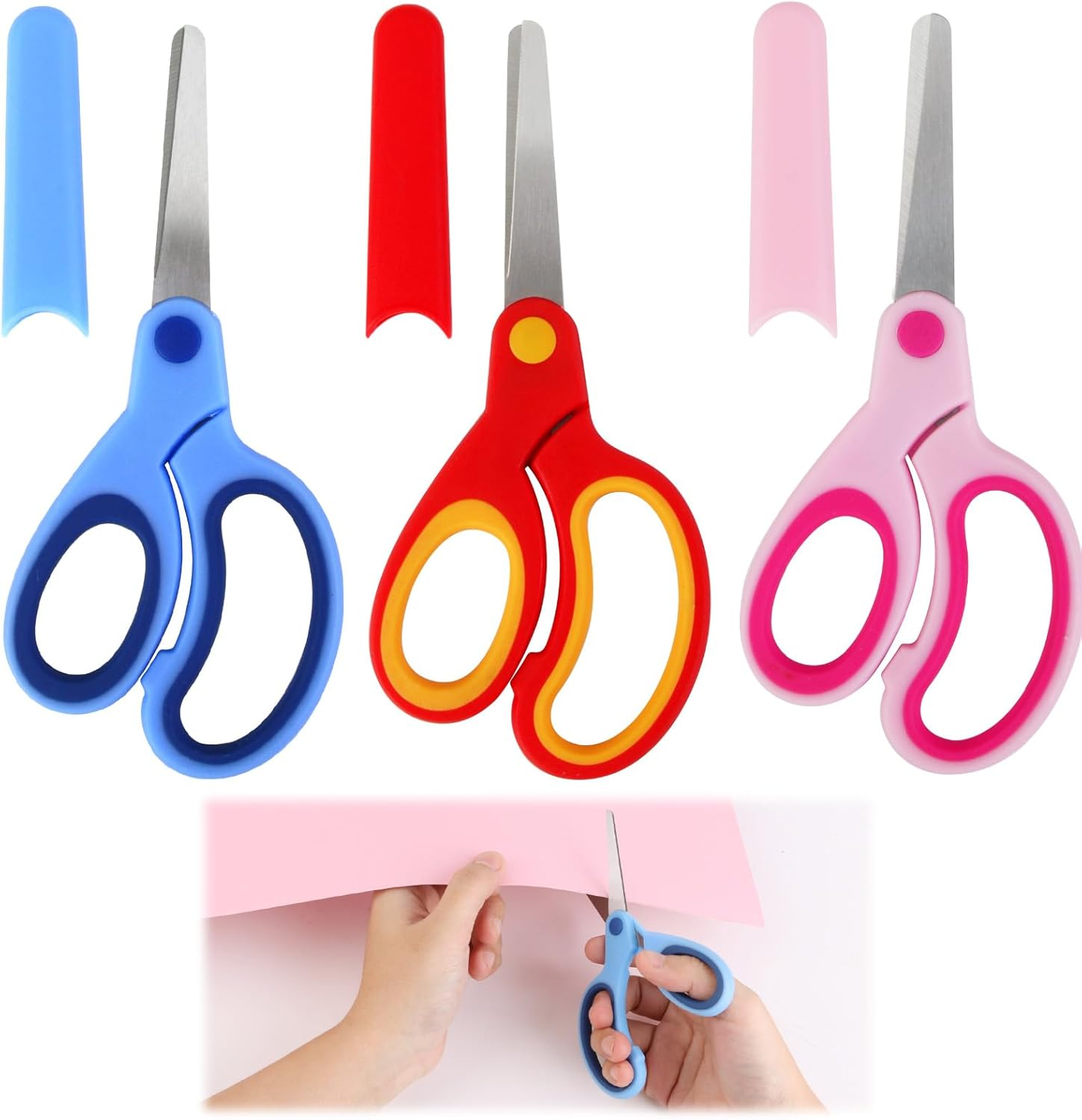 3 Pcs Plastic Scissors for Kids - Right & Left Handed Safety Scissors with Blunt Tips, 5.7" Comfort Grip - Toddler Training Scissors for Crafts & Classroom (Red, Pink, Blue) image number 1