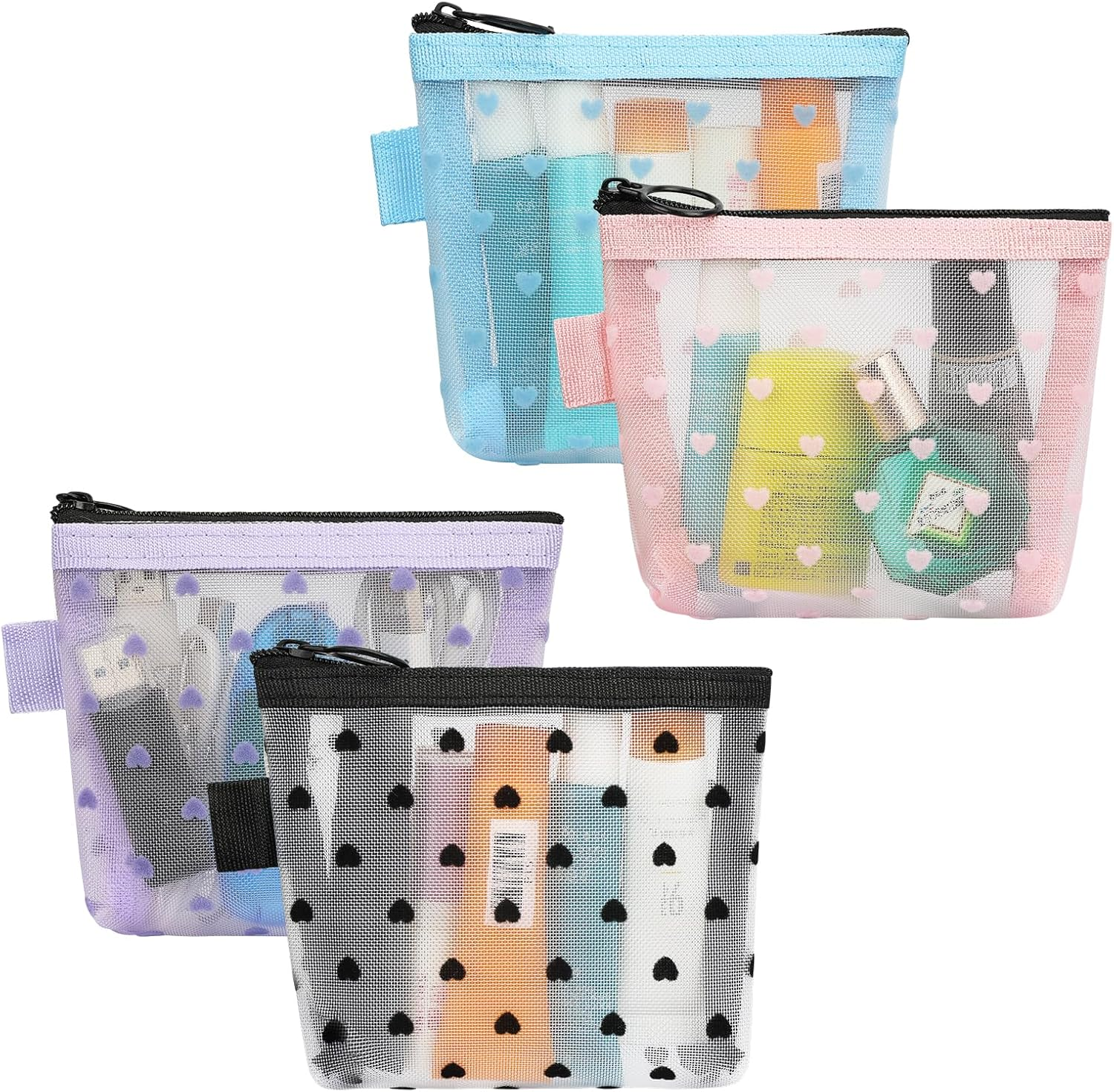 FYY 4 PCS Mesh Cosmetic Bag with Zipper, Clear Makeup Bag Set Mesh Zipper Pouch Bags Toiletry Bag for Women Travel Accessories (Multi-Size, Pink)