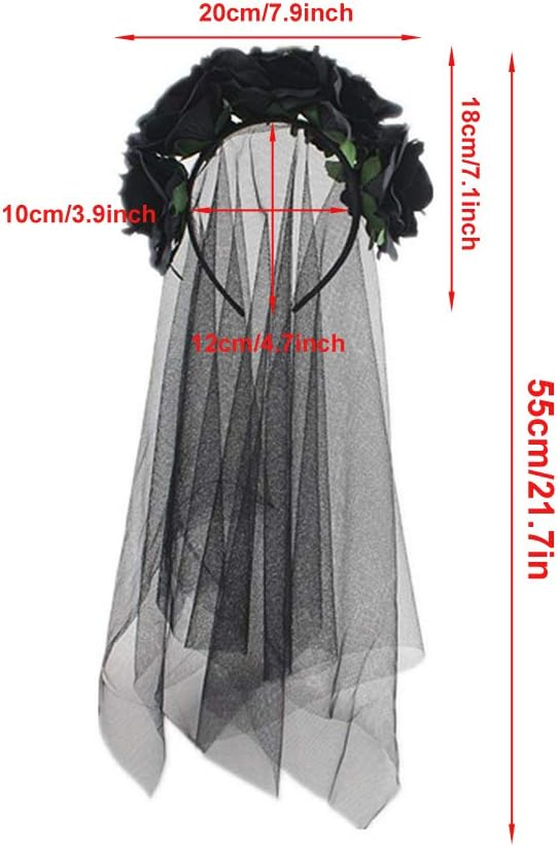 CENZICOM Women Girls Zombie Bride Black Veil with Flowers Hairband for Halloween Cosplay Wedding Costume Headwear image number 2