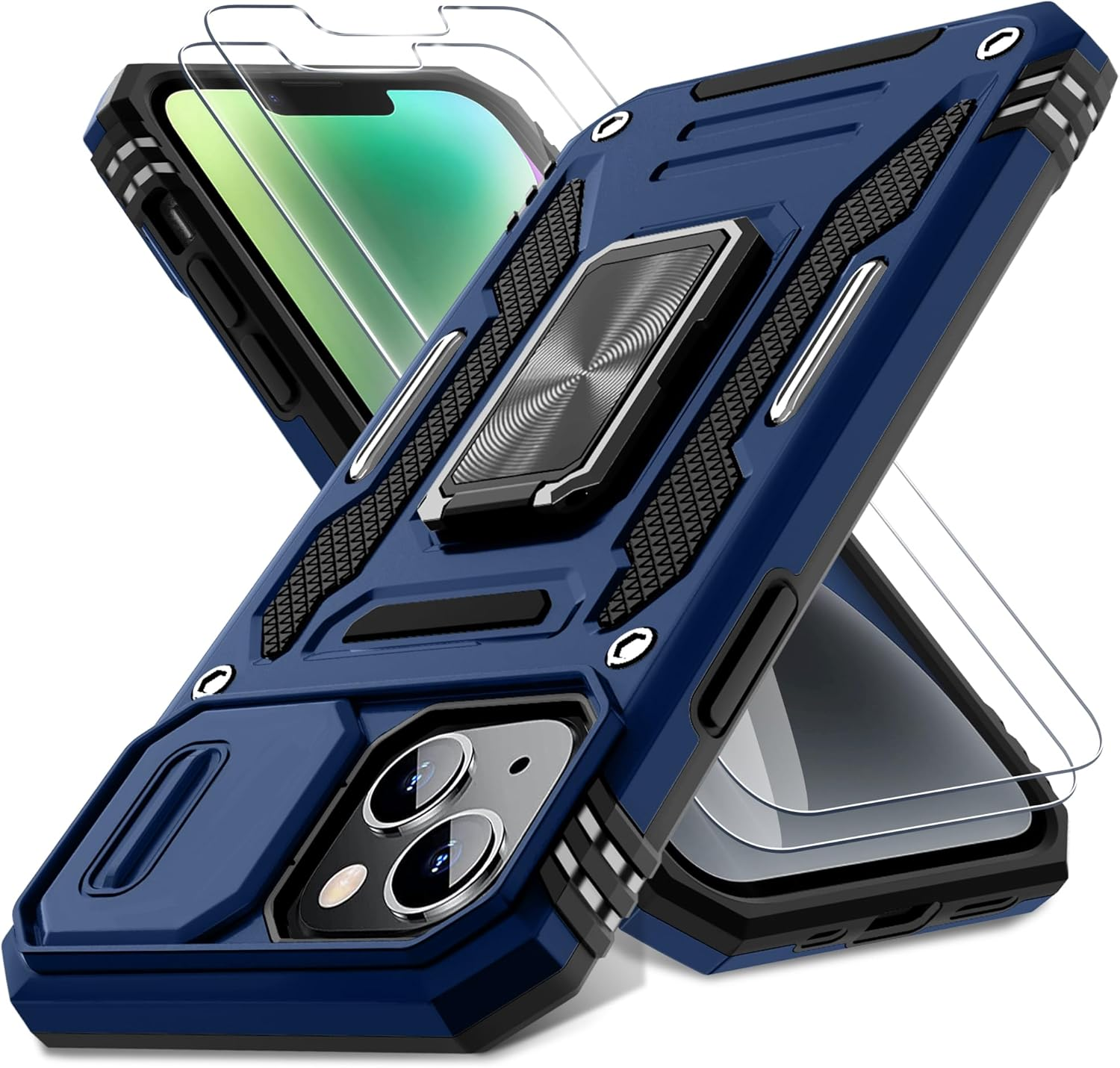 DEERLAMN Case for Iphone 13/Iphone 14 6.1-Inch with Slide Camera Cover+Screen Protector(2 Packs),Rotated Ring Kickstand Military Grade Shockproof Protective Cover-Navy Blue image number 6