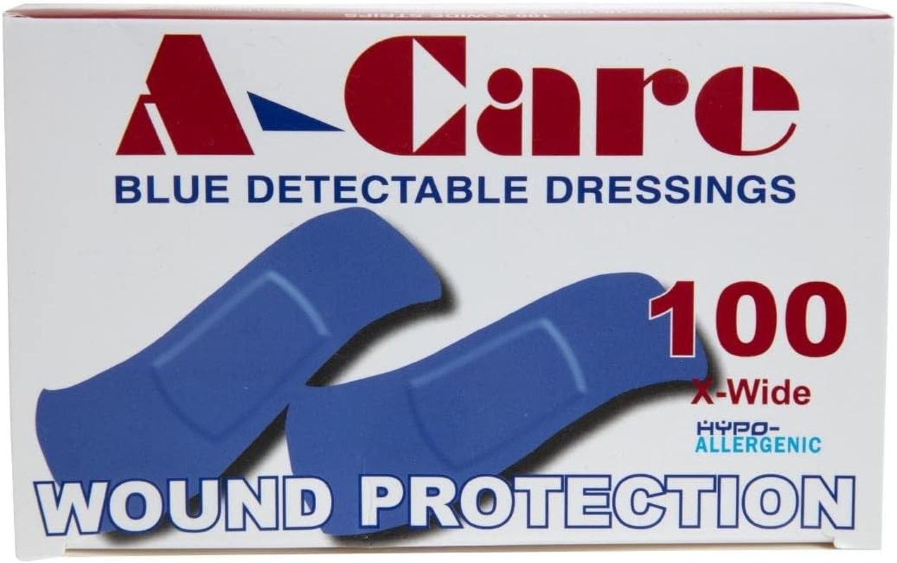 A-CARE Detectable Standard Strips, First Aid Blue Metal Detectable Adhesive Plasters for Food Handling, Hypo-Allergenic Latex-Free with Strong Adhesion, Size 7.5 Cm by 2.5 Cm, Box of 100 image number 1