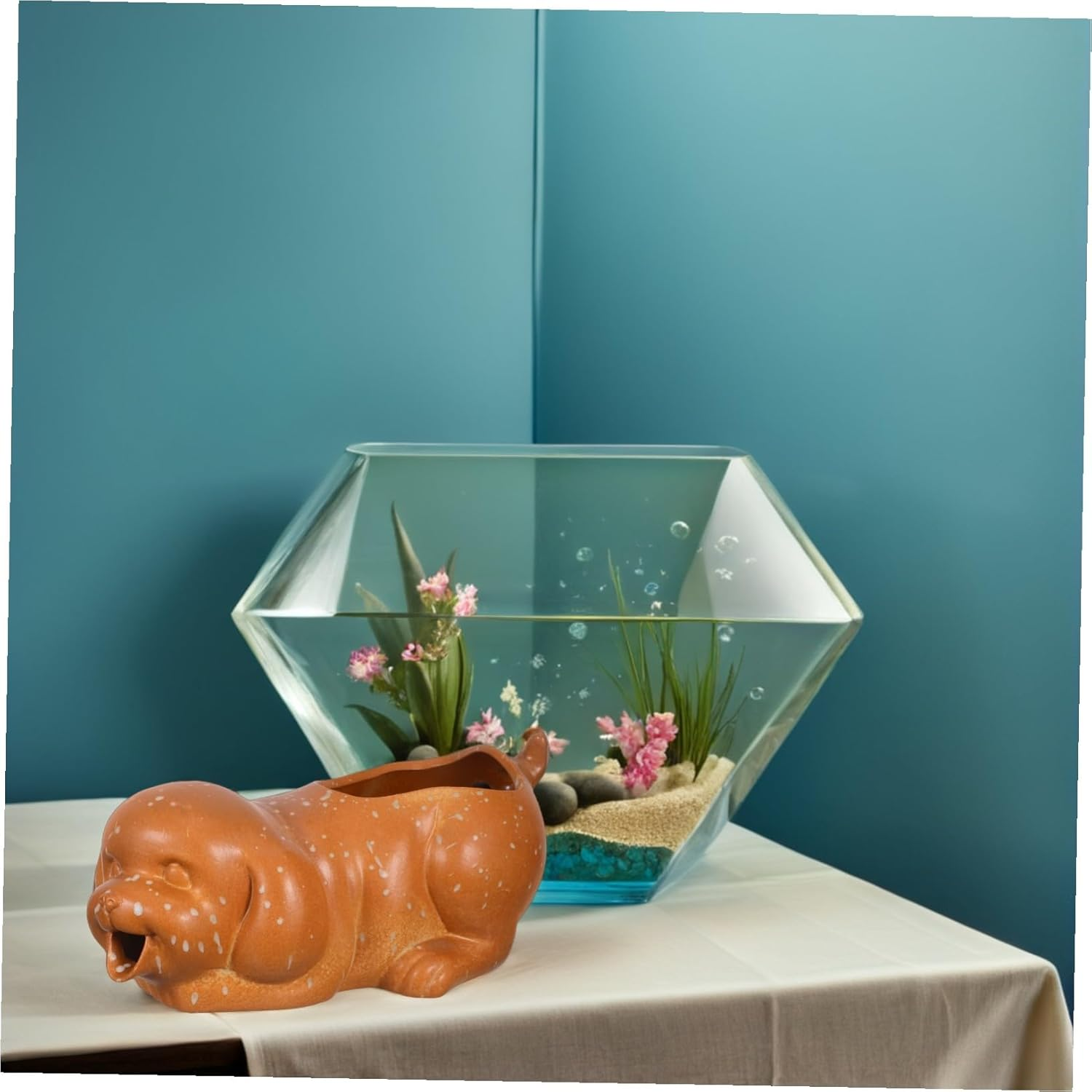 Didiseaon Ceramic Garden Fountain Spitter Dog Shape with Ecological Water Filtration for Outdoor Patio and Indoor Aquarium Decor Natural Water Purifying Ceramic Jar Planter image number 5