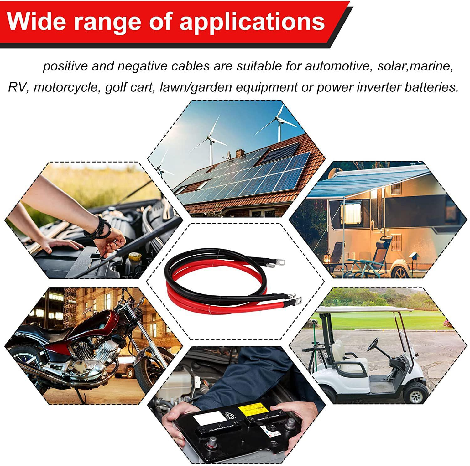 2 AWG 12In Power Battery Cables with 3/8" Lugs Terminals,Pure Copper Battery Inverter Cables Set, 2 Gauge X 12" (1 Black & 1 Red) for Marine Solar ATV Lawn Mower RV Car Motorcycle (12-Inch) image number 4