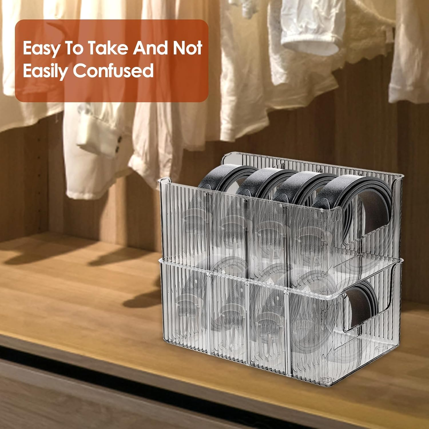 NIPUAEGO 2Pcs Belt Organizer Box, Space Saving Design Three Detachable Partition Belt Storage Case for Closet Dresser 26&times;13.5&times;10.5Cm image number 2