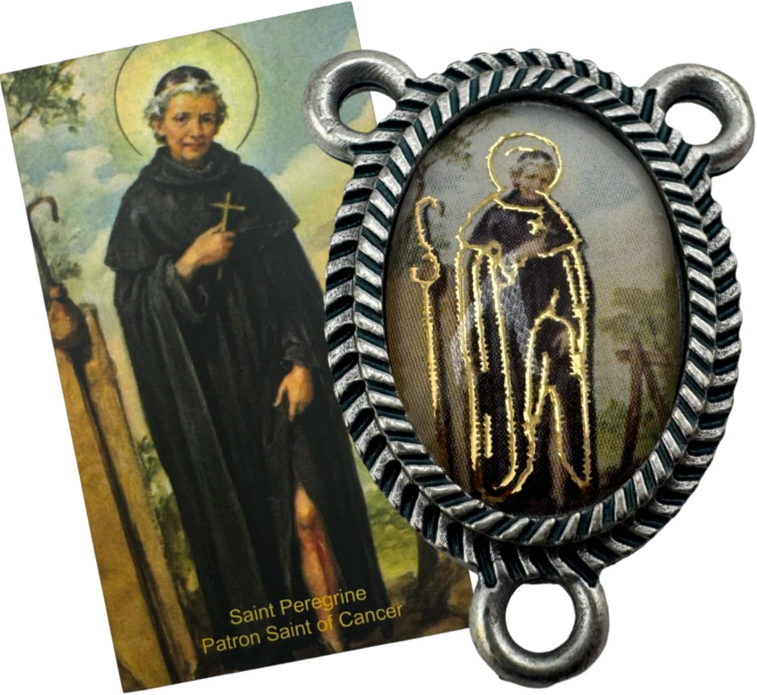 Westmon Works St Peregrine Rosary Centerpiece Set Italian Metal Center Medal with Saint Prayer Holy Card image number 2